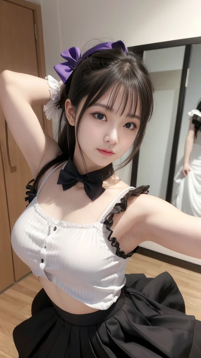 top-quality、beautiful mature lady、one girls、Twin-tailed、Young features、Cute panties、Cute maid clothes、Panties are visible、The skirt is rolled up、Selfie wind、kindly smile、Realistic textured skin