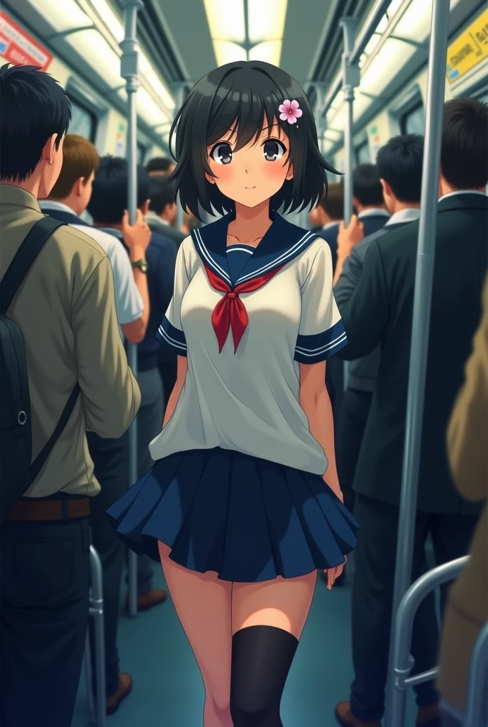 One Woman、crowd、crowded train,Being molested、Having your butt stroked、White panties、In underwear、beautiful girl、Blushing、Shyness、Sailor suit、A kind smile、Pleated skirt、Holding a backpack with both hands、Year: 18、Bob Cut Hair, Highest quality, Black Hair,The train is coming、Black knee-high socks、Cowboy Shot、Ultra-high definition images、Angle from directly below