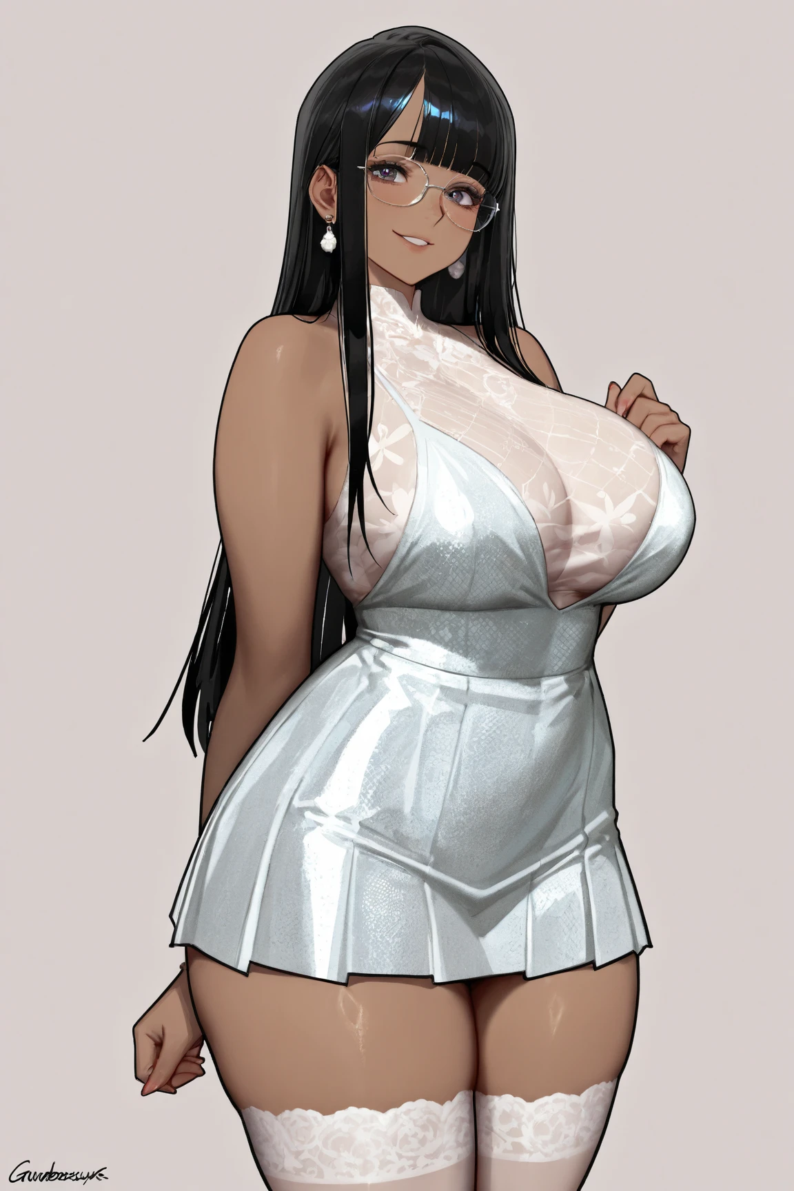 (masterpiece, best quality, perfect hourglass figure, wide waist, blush), busty, portrait, perfect face, flawless eyes, empty gradient background, beautiful lips, full lips, (arms behind back), perfect waist, cowboy shot, perfect hips, wide smile, sanpaku, round pupils, orange eyes, dark skin, brown skin, long flowing hair, black hair, concave bangs, bimbo, nurse, groin, hip vents, nurse cap, nurse tight skirt