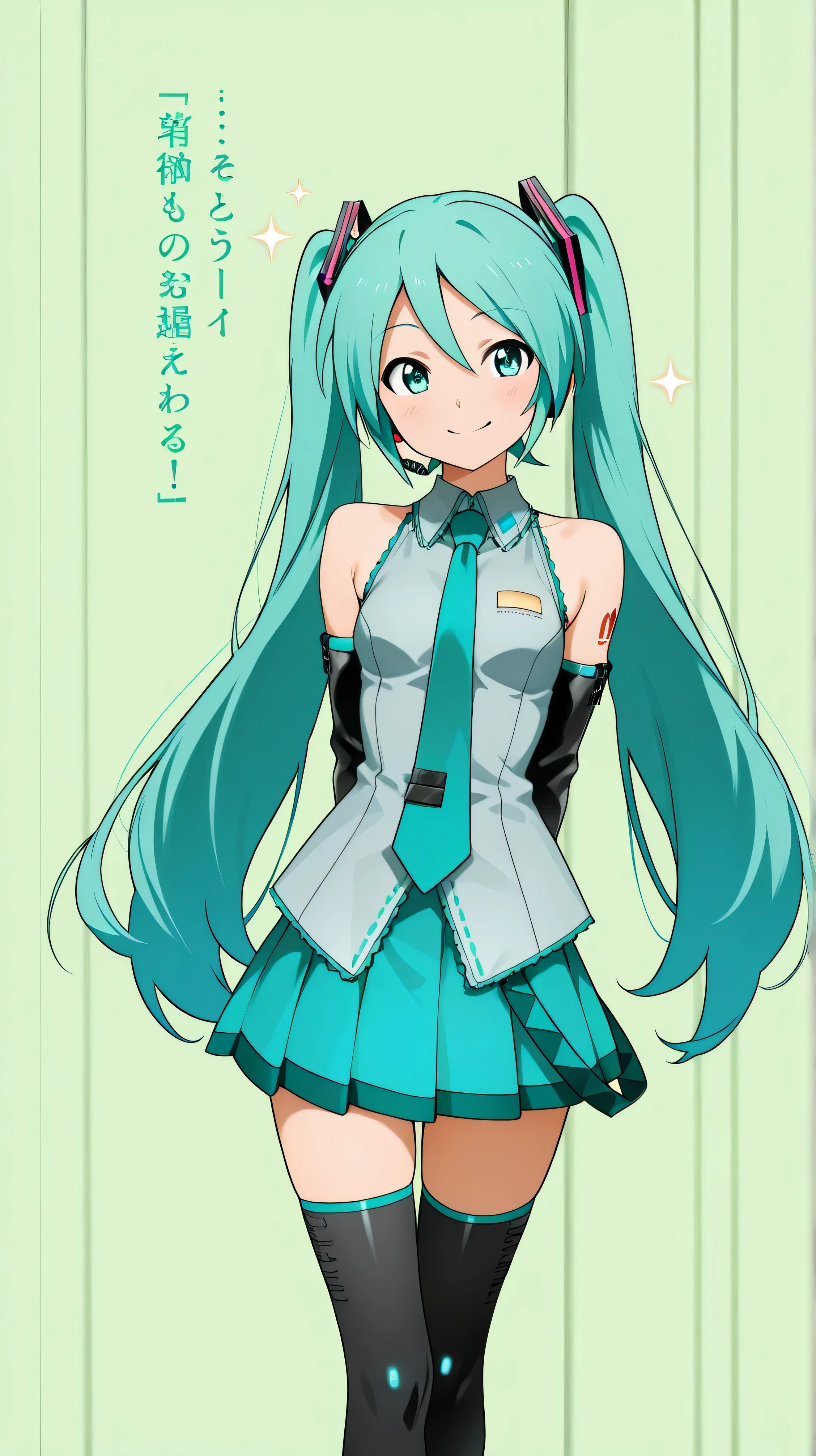 best quality, masterpiece, ultra high res, pantyshot, upper body, hatsune miku, aqua hair, aqua eyes, medium breasts, grey shirt, detached sleeves, black skirt, skirt lift, green striped panties, smile, open mouth <lora:urotan:0.7>