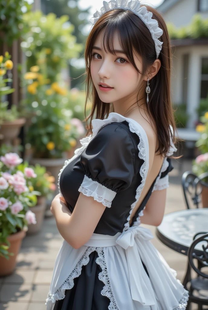 ((Beautiful maid:1.5),high resolution, top quality),Wearing a maid uniform,Gentle Touch, big bright eyes, dark and vivid curls, sweet smile, pink cheeks, soft light, in the garden, Beautiful bridge, black stockings, gatherbelt,whole body