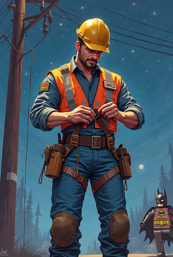 SupermA 2D digital illustration of a male electrical worker in PPE checking a full-body safety , detailed background, utility pole behind himan and Batman in lego art, night