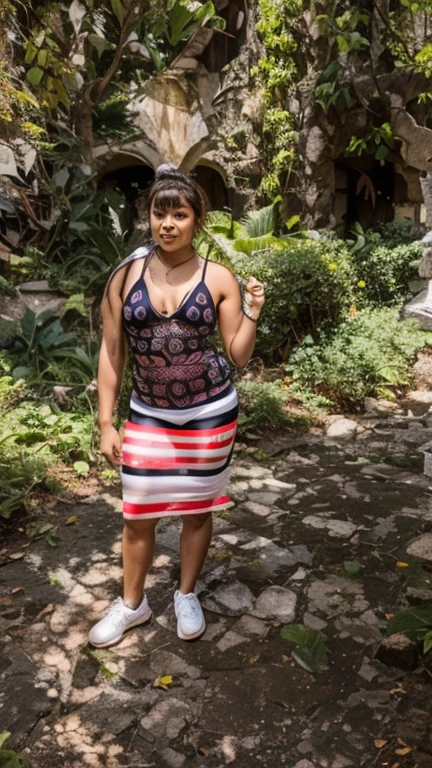 Very tall Amazonian woman with Afro puffs standing next to a temple in a jungle 