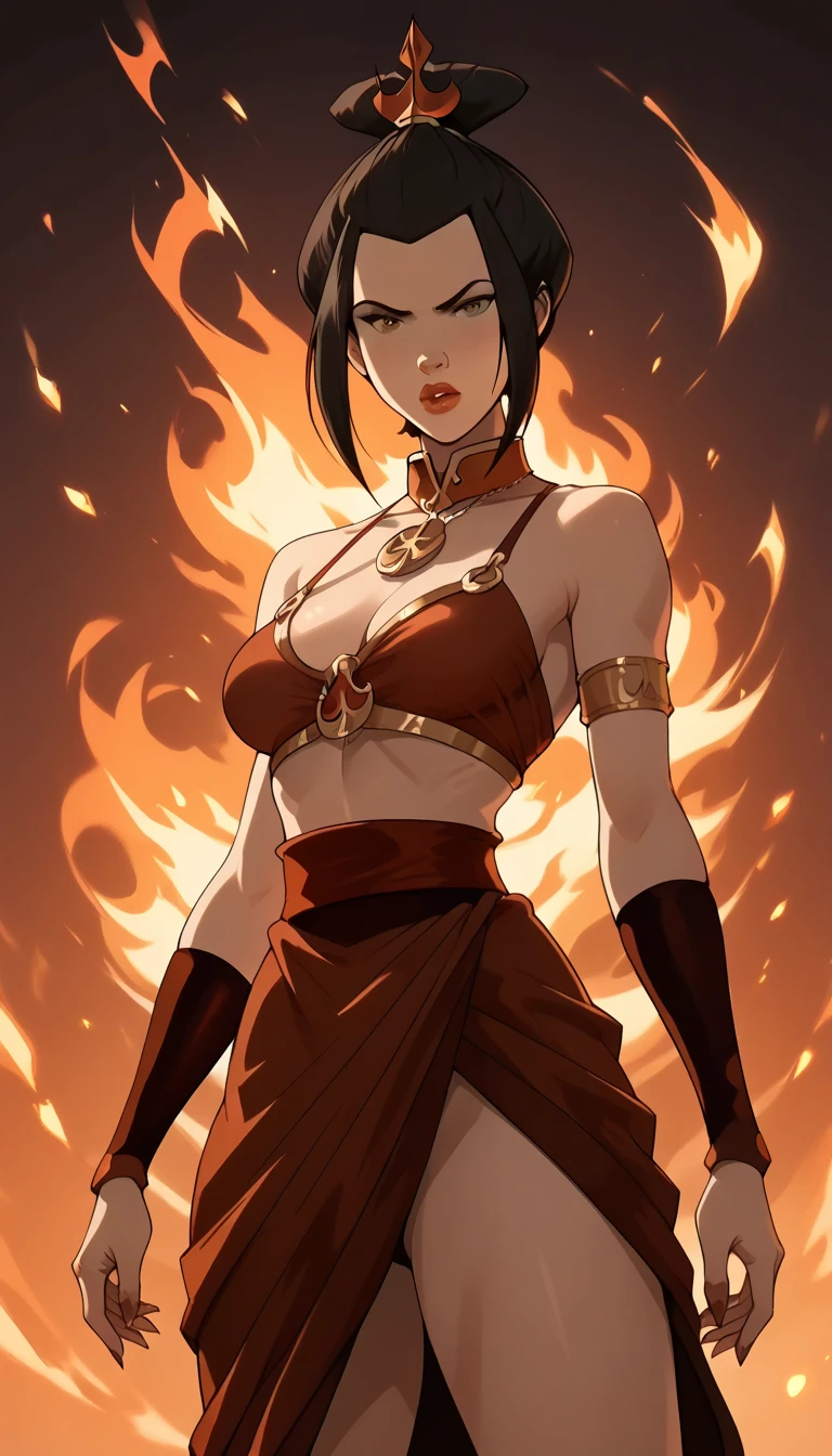 (best quality:1.3), (4k quality),(sharp image), Azula, ((Detailed face)), ((masterpiece face)),((perfect detailed eyes)) (blush), Azula, black hair, ( black tied hair ), brown eyes, pink lips, pink lips, sly face, face with stern features, ((detailed face)), perfect face, highly detailed eyes, ((adult face)), masterpiece, absurdres , (intricate details), (colorful),cinematic lighting, extremely detailed CG unity 8k wallpaper , 1girl, solo, mature female, erected tits, fit body, cameltoe, ((fire nation uniform)), evil smile, ((perfect small breast)), fit slim body, standing and showing her ass, from behind