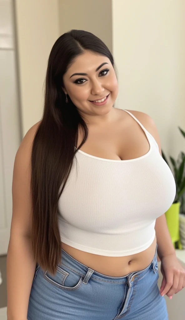 Create a realistic image of a beautiful 22-year-old Colombian woman. She is of average height, around 1.60 meters tall, around 50kg, with a small rounded ass and little cute . She has a warm, inviting smile and expressive eyes. Her long, dark hair cascades down her shoulders. Face detail, close up.