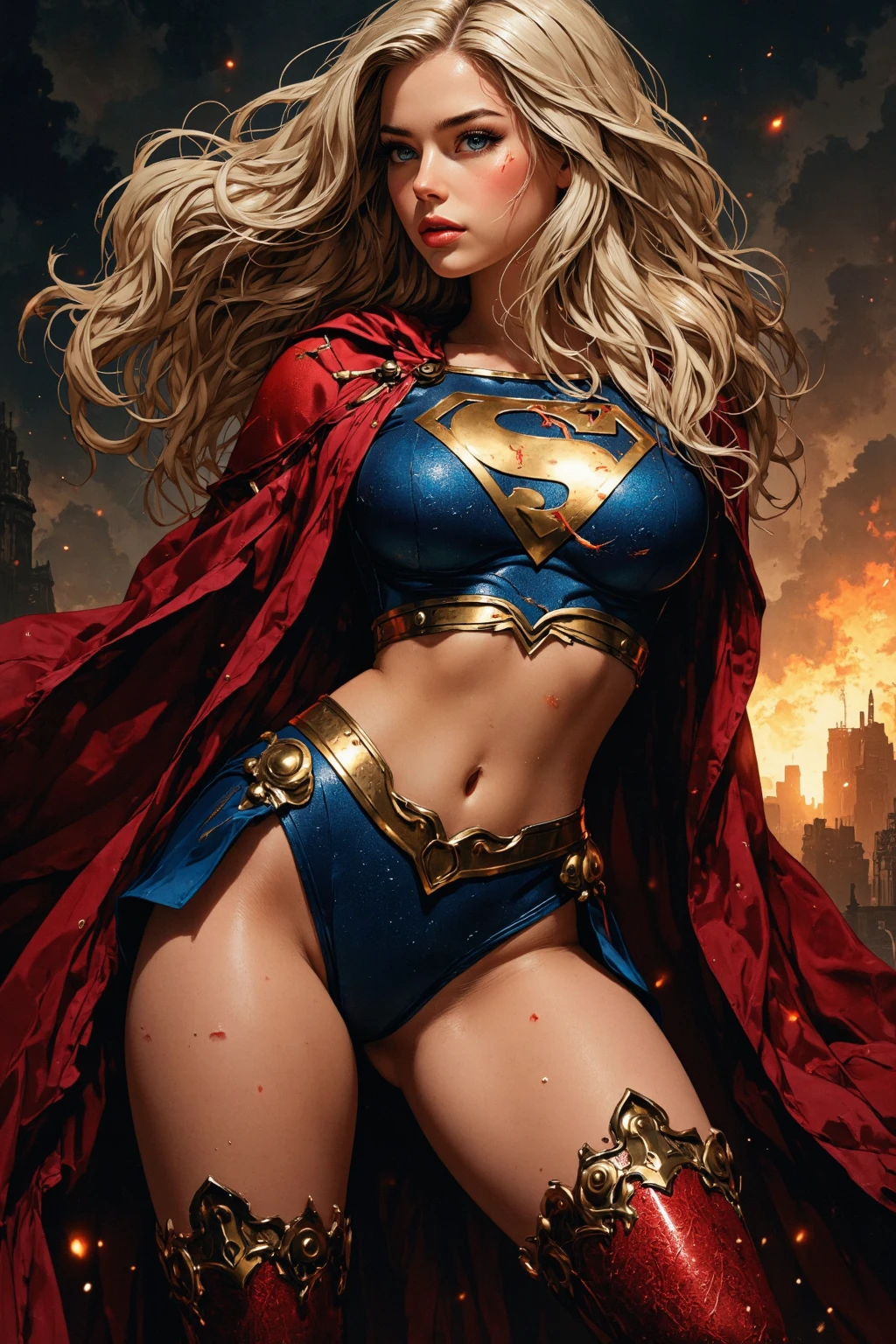 Supergirl masterpiece, best quality, female, superhero, leotard, bare legs, boots, standing, matching boots, short and dark hair,