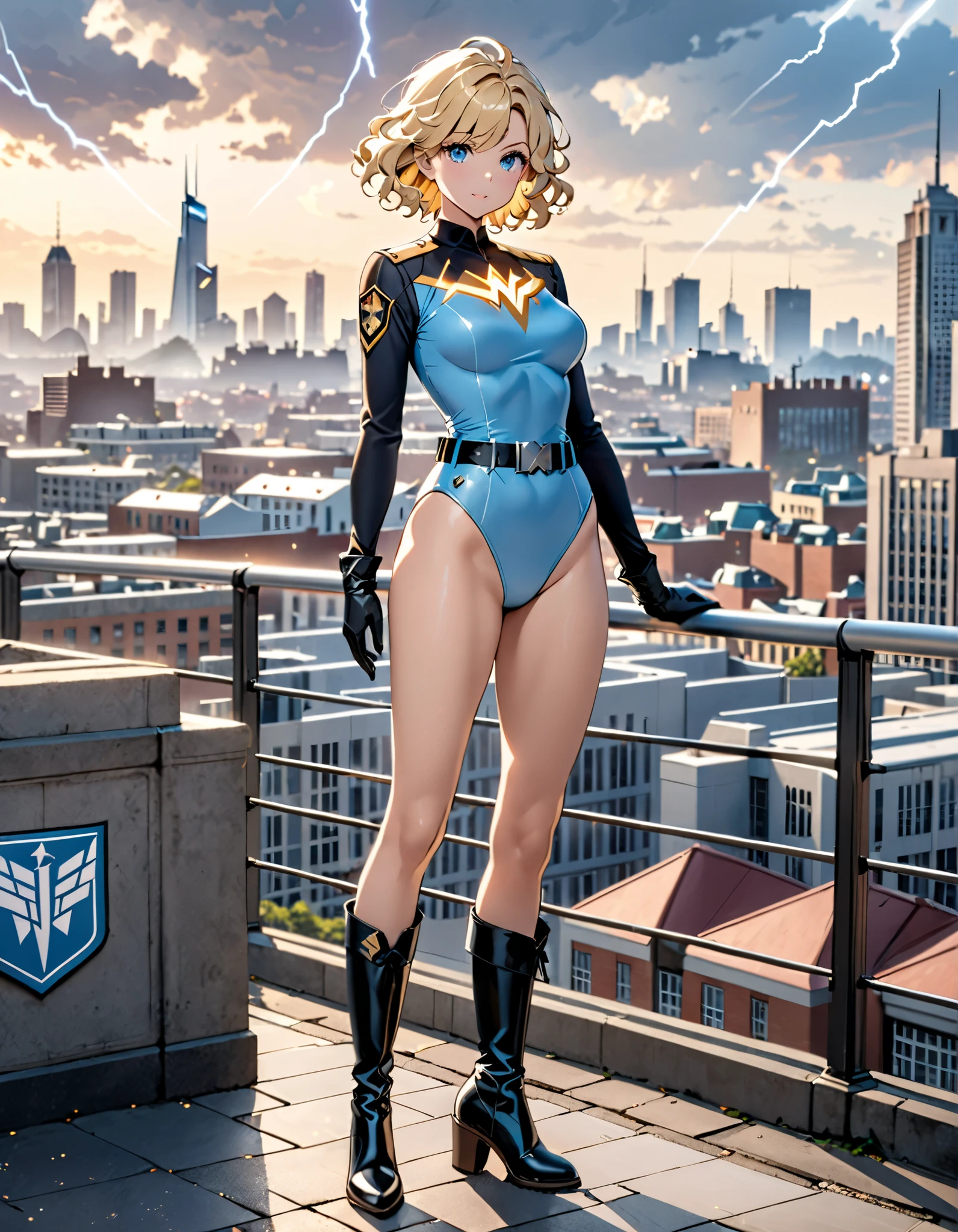 masterpiece, best quality, hires, 1girl, medium breasts, ((leotard, light blue leotard)), long sleeves, (lighting bolt emblem on chest), (bare legs), (fastened tight belt), boots, matching boots, gloves, city backdrop, solo, single, standing, rear view, full body shot, cowboy shot, superhero, beautiful detailed eyes, beautiful detailed face, blonde hair, (short hair), wavy hair, high school backdrop, outdoors, mature lady, teacher, perfect body