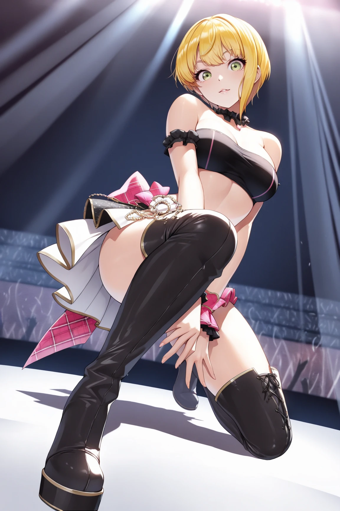 Cure Rhythm、Pretty Cure、Blonde、Long Hair、c cup breasts、Photo from below、(Inside the Jail)、One girl、((Black Panties))、(boots)、ponytail、Kneeling、(White thigh-high socks)、