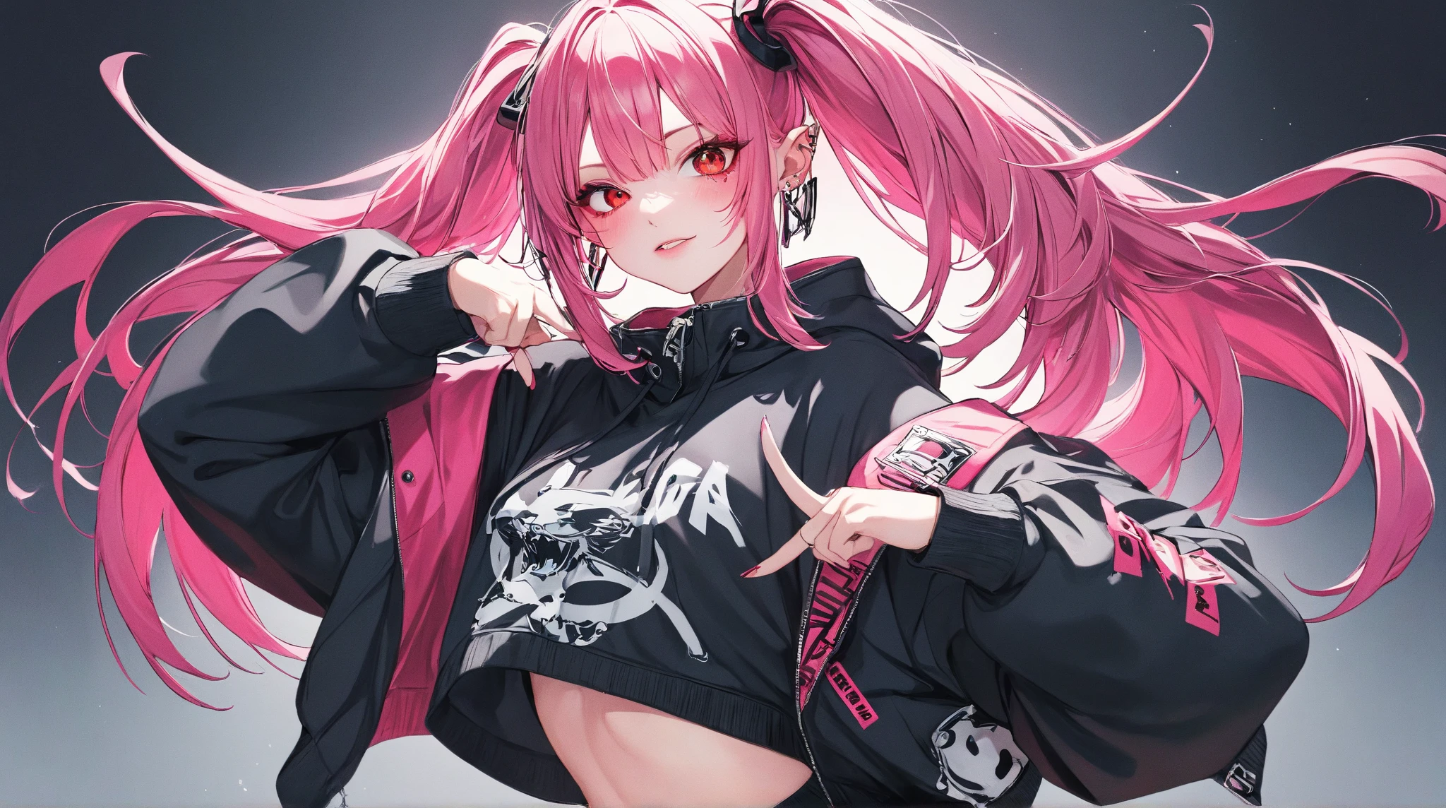 girl, Red hair, Half Up Pigtail, Yellow eyes, x-shaped pupils, Black shirt, Black short skirt, Thick eyebrows, shark teeth, Harness Fashion, She has a tiger tattoo on her right thigh, Big Tits, Sanpaku eyes