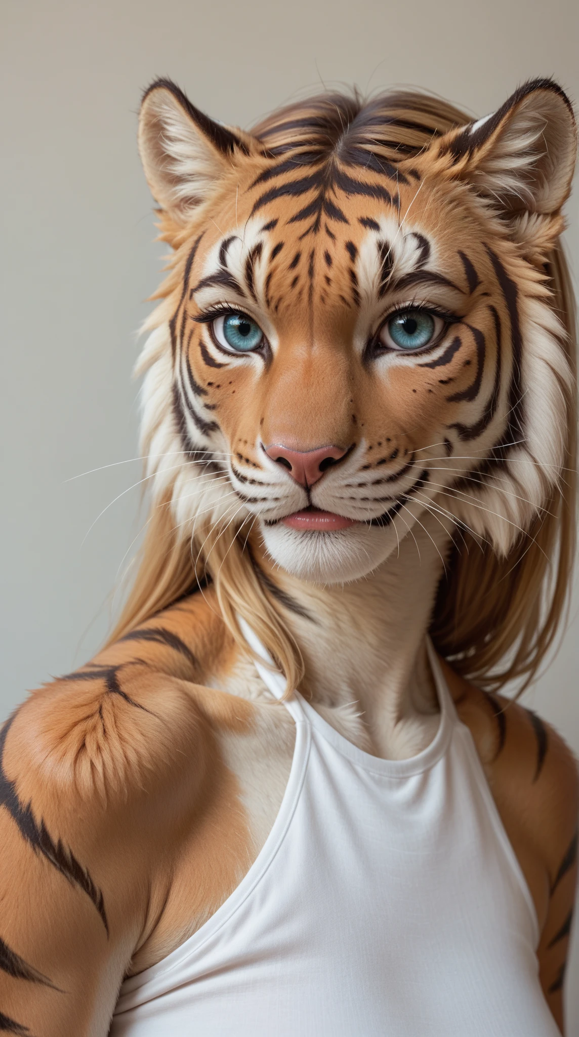 Detailed realistic, photo of a anthro, tiger, female, wearing a white tank top, natural light ,anthro,furry,pov