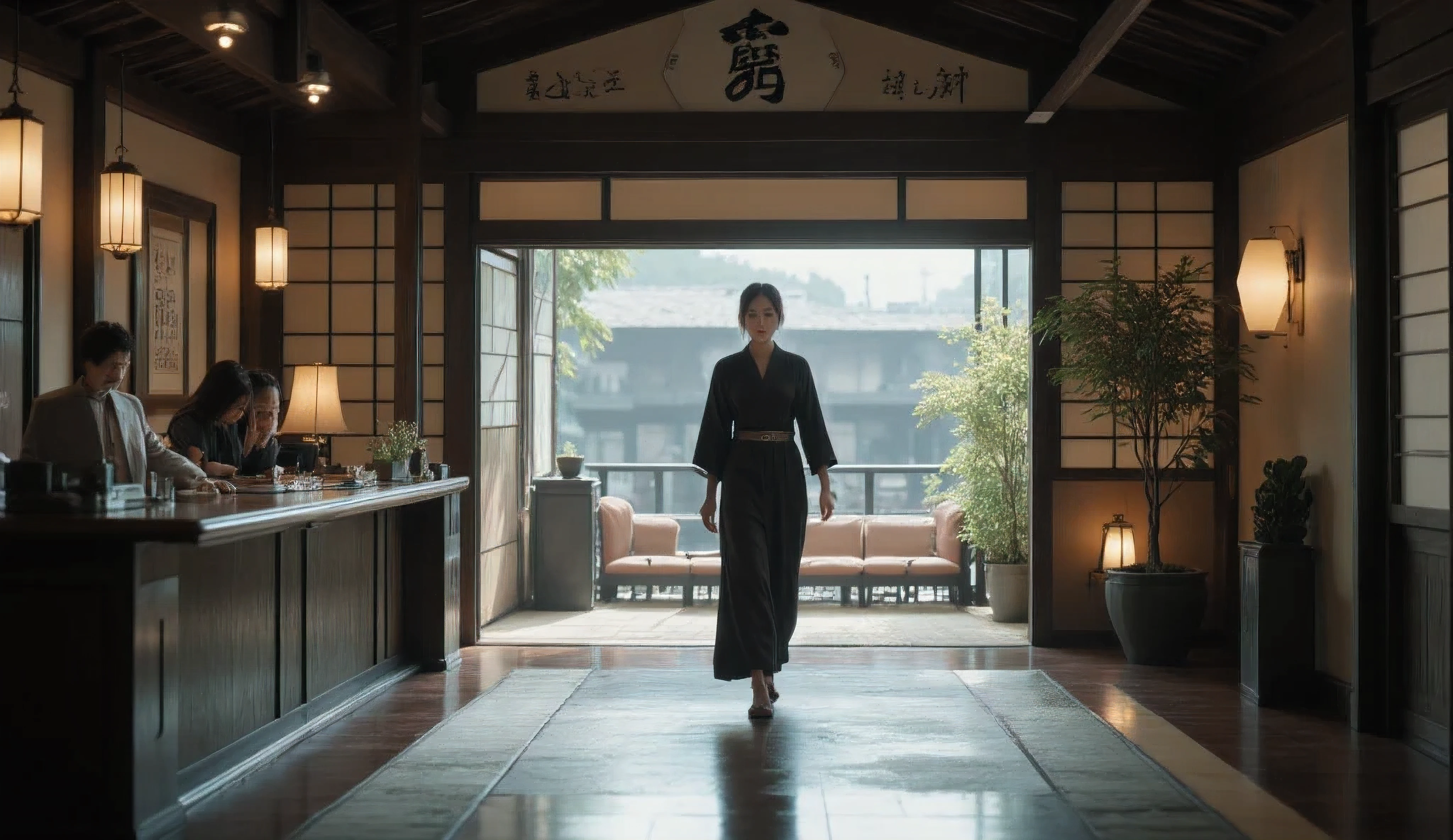 A Japanese woman dressed in chic clothes goes alone to the check-in counter of a ryokan.