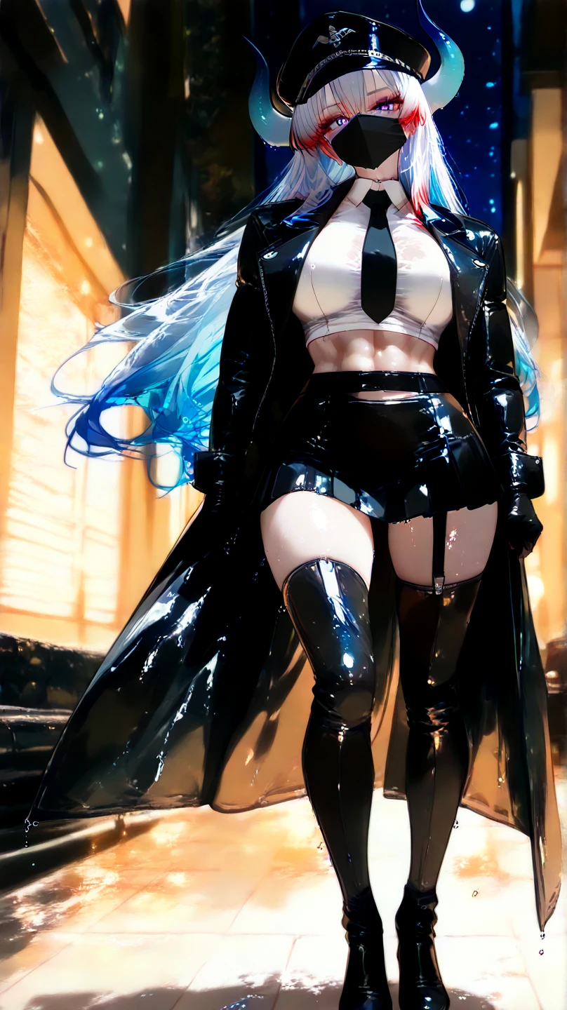 ((masterpiece, best quality)), very aesthetic, ultra detailed, intricate details, highly detailed, UHD, HDR, 8K, perfect face, 1girl, in city, at night, gothic shirt, gothic pants, detailed black lips, long hair, blue hair, blue eyes, pink eyes, hetrochromia, big breasts, perfect body, (newest anime art style)