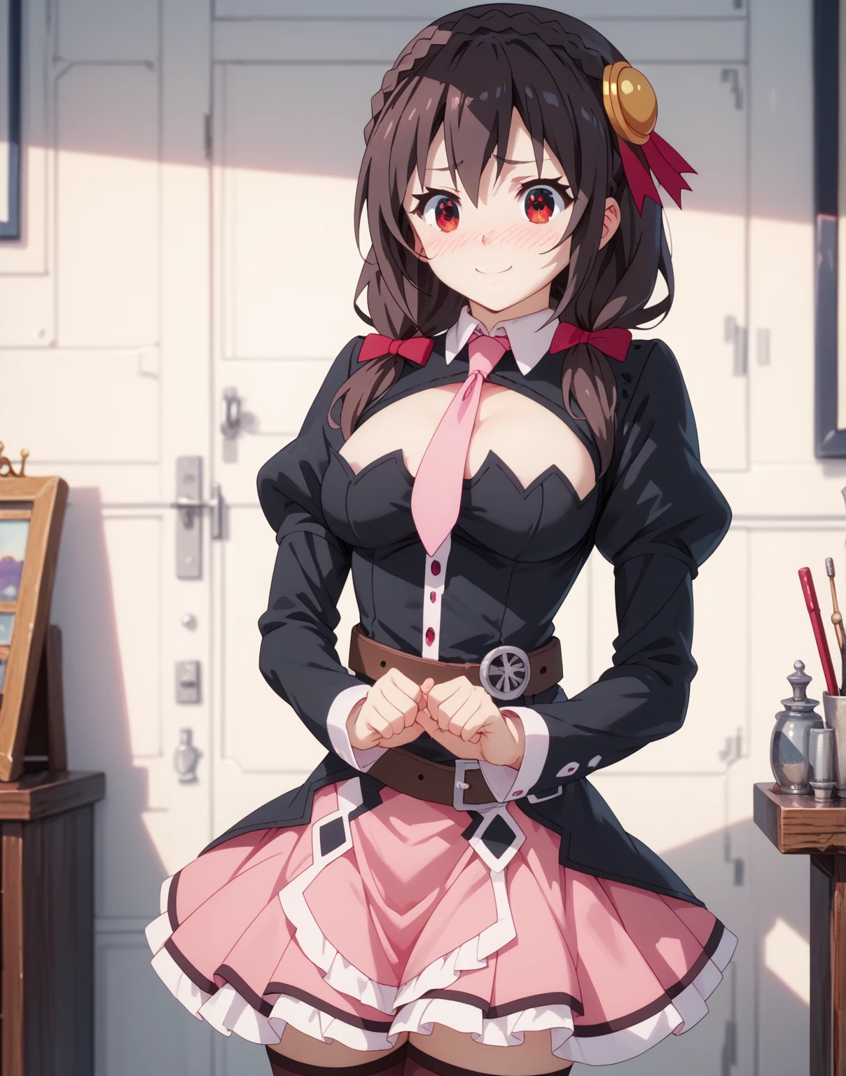 masterpiece, best quality, high resolution, unity 8k wallpaper, (illustration:1.1), ultra-detailed face, extremely detailed CG,
perfect anatomy, nice hands, perfect hands, 
yunyun, 
yunyun\(konosuba\), 
1girl, 
long hair, crown braid, twintails, 
brown hair, 
(red eyes:1.2), (beautiful detailed eyes:1.5), 
looking at viewer, 
blush, 
long sleeves,
thighhighs, skirt, 
large breasts, 
zettzi ryouiki, 
pink necktie, belt, 
cowboy shot, 
dynamic pose, 
Dynamic Angle, 
perfect lighting,
background of indoor,