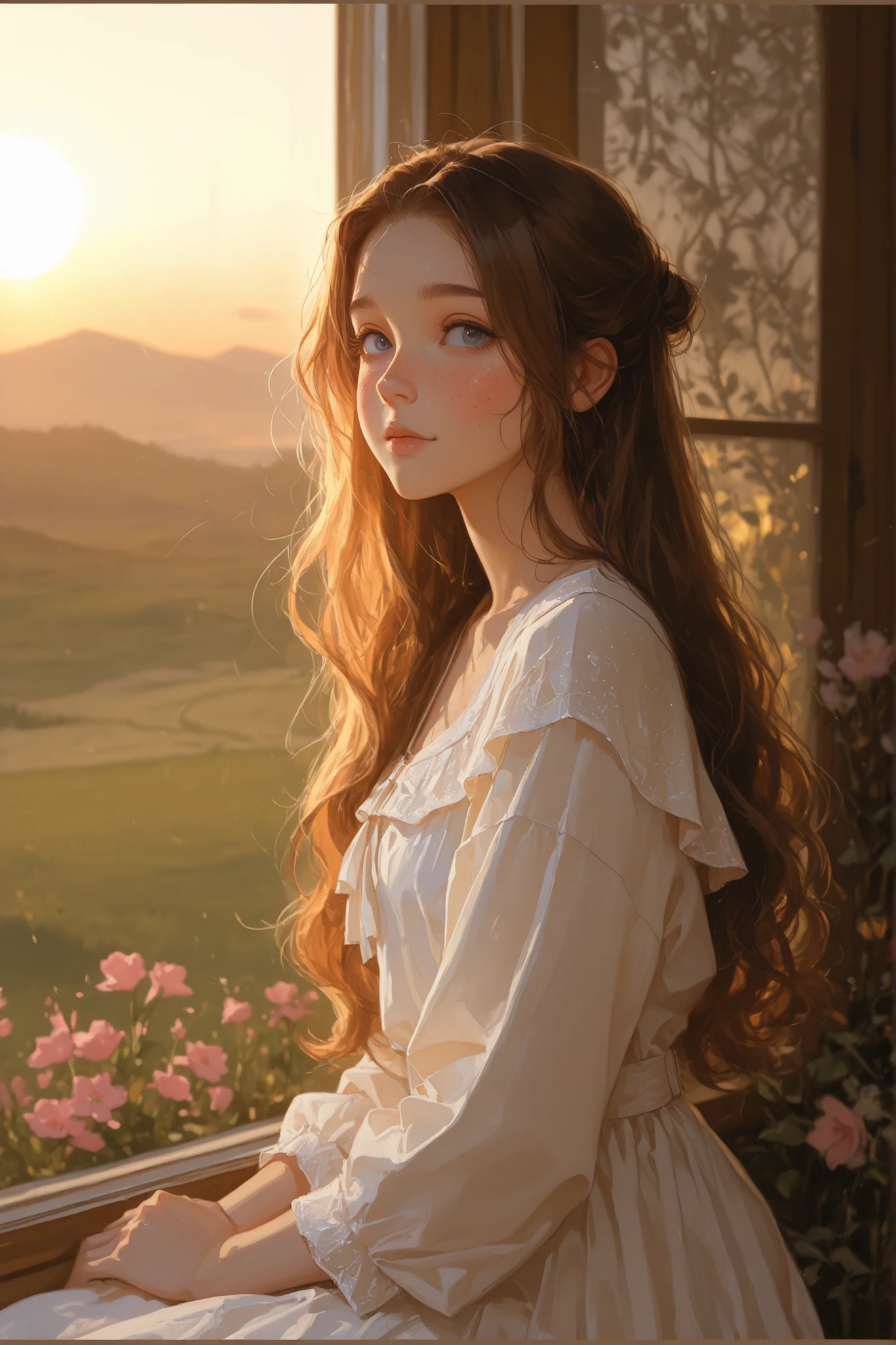 Solo woman, a young woman in her 20s, brown hair, blue eyes, wearing a white dress with pink flowers, 1500s style, sitting at a window looking at the landscape, pink flowers around the window, Long straight hair tied in a hairstyle, yellow light, sunlight, bright sun, sunset, front angle, from the front, peasant woman, rosy cheeks, Wavy hair, freckles, sitting by the window, peasant, romantic mood, Sitting on the edge of a window, edge, Sitting outside