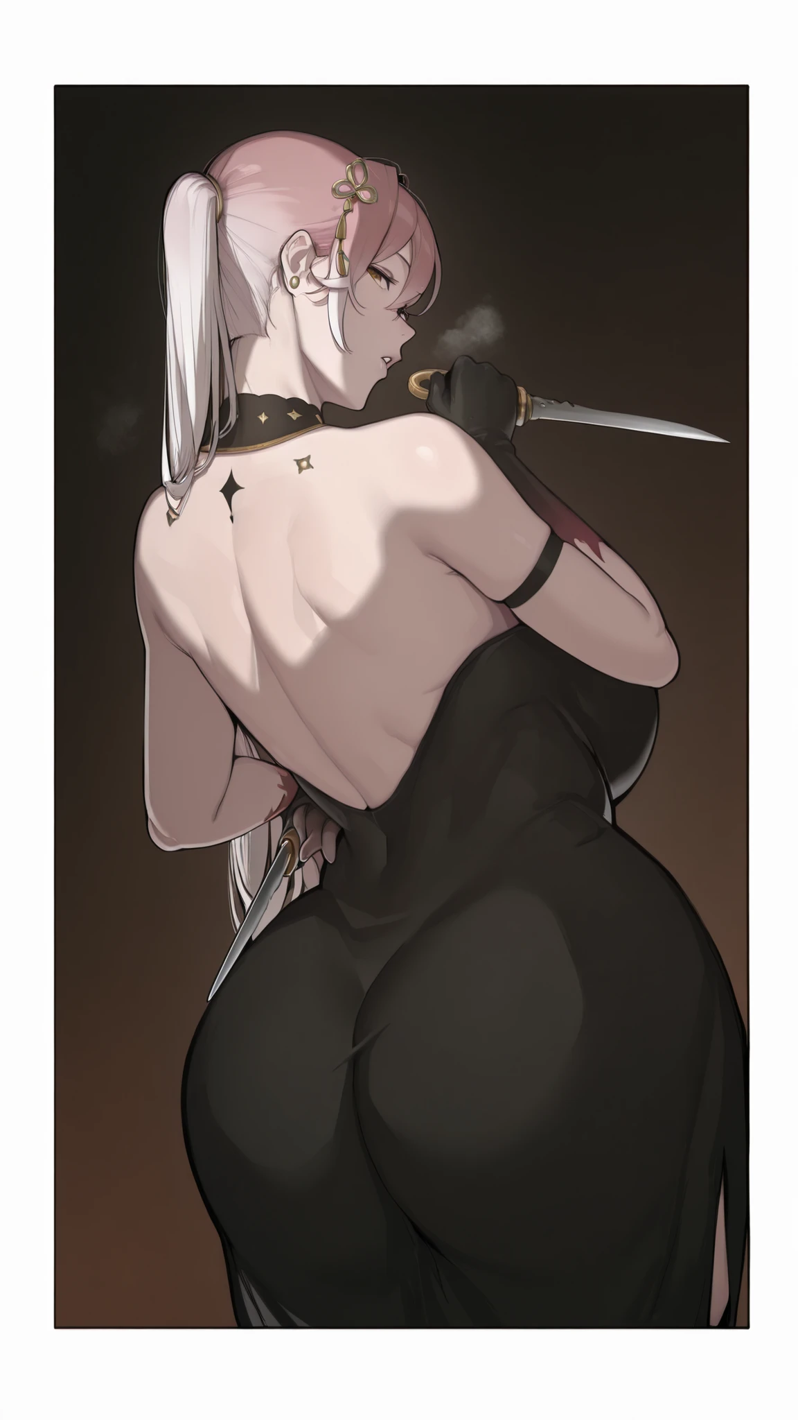 Sakuranotomoru, (aiue oka-style:1.2), ((UHD, masterpiece, Cinematic, low contrast)), comic, score_9, score_8_up, score_7_up, score_6_up, score_5_up, score_4_up, uncensored, detailed background, vignetting, masterpiece, Cinematic, high quality, absurdres, best quality, very aesthetic, newest, digital art, trending on ArtStation, ((anatomical correct)), perfect body, perfect eyes, perfect fingers, gasping, heavy breathing, gasping profusely, cinematic, ((skindentation)), ((curvy)), ch4ngli, tacet mark, body markings, long hair, multicolored hair, pink hair, white hair, hair between eyes, ahoge, braid, ponytail, hair ornament, yellow eyes, large breasts, plump, 1girl, solo, weapon, dress, holding, black_dress, gloves, dual_wielding, holding_weapon, from_behind, ass, flower, knife, dagger, back, jewelry, looking_back, black_gloves, looking_at_viewer, earrings, bare_shoulders, reverse_grip