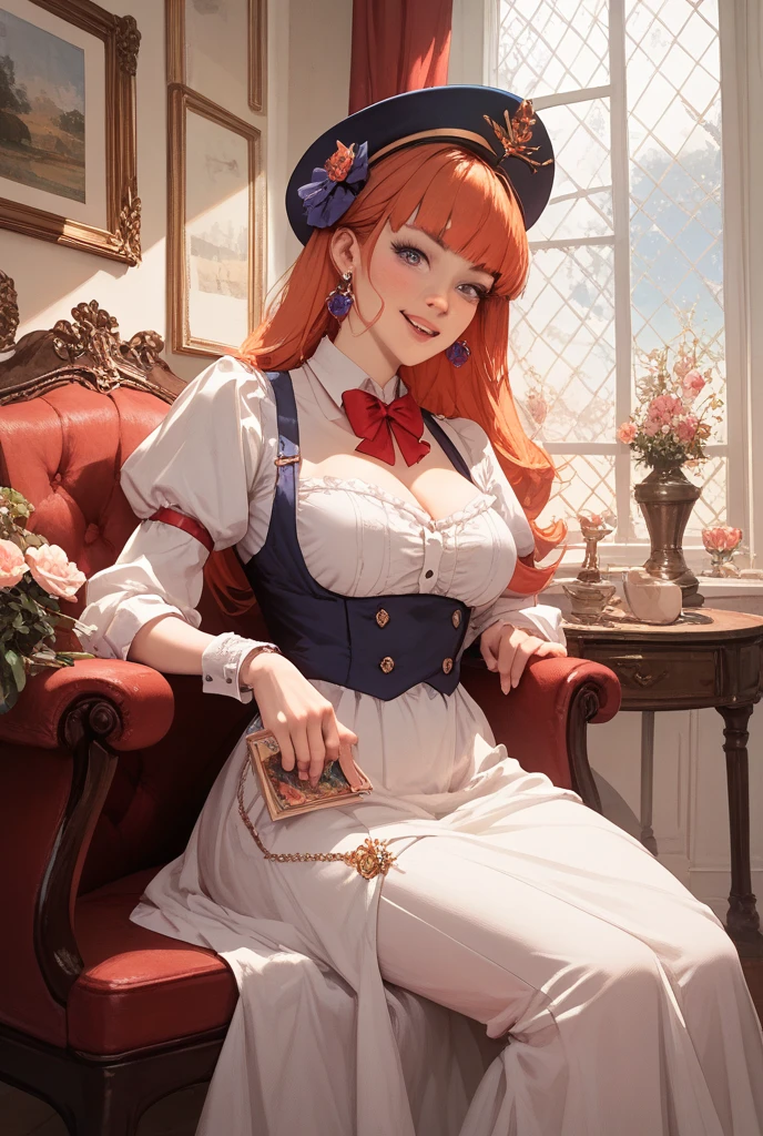 short fiery red curly hair girl, in a blue royal looking blaser, official art, unity 8k wallpaper, ultra detailed, beautiful and aesthetic, masterpiece, best quality, vivid colours, romanticism, by james jean, roby dwi antono, ross tran, francis bacon, michal mraz, adrian ghenie, petra cortright, gerhard richter, takato yamamoto, ashley wood