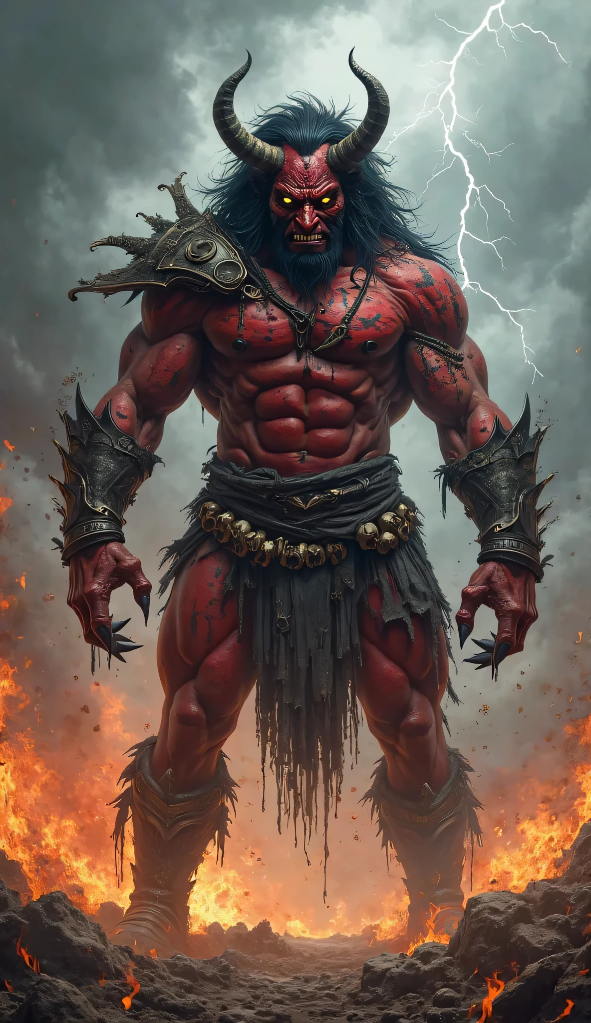 dragon mask creature, barbarian style, full body, fighting, lava background, masterpiece, ultra high quality