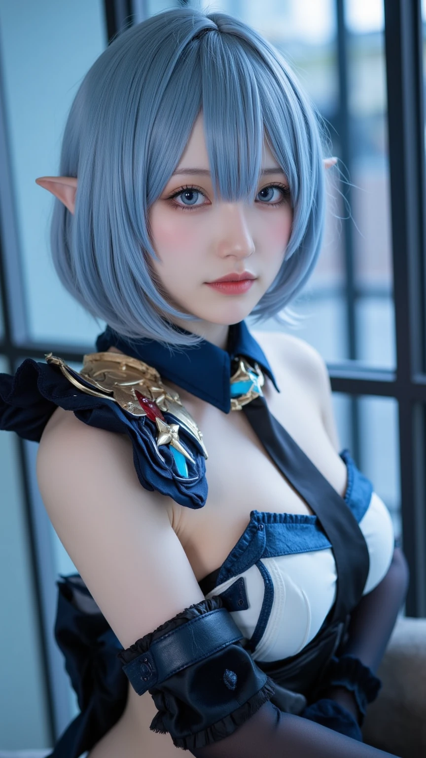 (photo realistic1.2),ultra detailed,(8K),(1girl),(Fantasy World:1.5),(wooden house),(bed),Clothing with low sheen,(warrior Costume:1.5),warrior items on the wall,warrior gear,(warrior Hat),skirt,topless, (small nipples), (big breasts: 1.2),nude gravure, beautiful Japanese, clothes in disarray,earrings,moderate muscle tone,(from above),looking at viewer,(reaching out),(snicker),bust shot,((light blue hair)),(short hair),22years old,