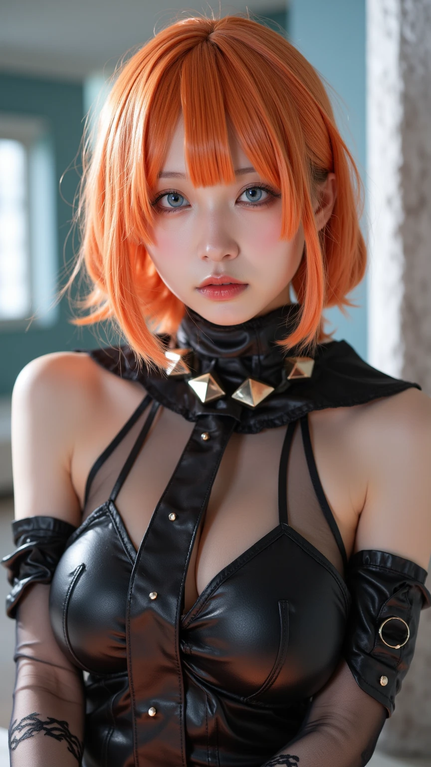 1girl, solo, best quality, ultra high res, an extremely delicate and beautiful, extremely detailed ,CG ,unity, 8k wallpaper, RAW photo, (photorealistic:1.3), masterpiece, (realistic:1.3), ((on the floating island, depth of field)), ((dramatically lit, 1ms shutter speed, back lighting, F 2.8 lens)), ((nsfw:1.3), (topless:1.5), (perfect nipples:1.3), breasts, cleavage, looking at viewer), <lora:add_detail:1>, <lora:skinny_new_skin:0.2> detailed skin, skin blemish, <lora:breastsizeslideroffset:-0.3>, <lora:pokemongardenia-lora-nochekaiser:1>, pokemongardenia, black hair, bob cut, multicolored hair, (orange eyes:1.5), orange hair, petals, short hair, two-tone hair, belt, belt buckle, buckle, capelet, cargo shorts, midriff, navel, shorts, undershirt, long sleeves, green capelet, black undershirt,