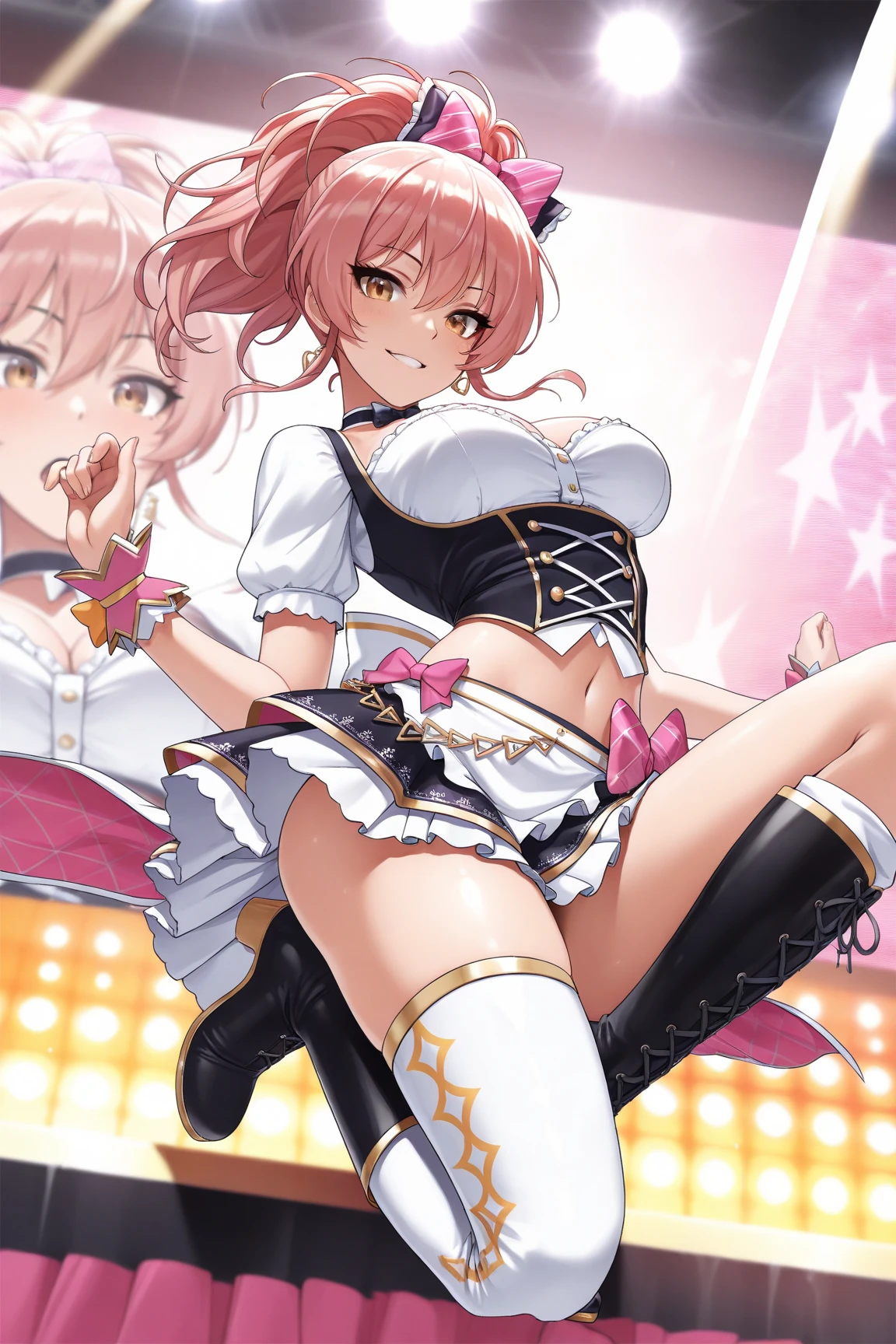 adult woman、exact number of fingers、Exact number of legs、Exact number of arms、bangs, Ribbon Ponytail, brown hair, (blush:1), (Put one hand in your panties:1.8), fingering, (pussy juice:1.2), cum in mouth, (A woman is holding a microphone and is about to sing:1.5)、white and navy idol costume、The costume comes with a navy blue idol-style corset.., The costume has a ribbon attached to its collar..、It is a costume that covers up to the shoulders., side, upper arm, and arms., That costume only opens wide at the chest..、high socks、white idol style skirt, (Underwear with elaborate and luxurious decorations:1.3), Ribbon at collar., (White and pink panties with lots of lace:1.3), white lace bra:1.2), sexy underwear, Thighhighs、 beautiful big breasts, (erect nipples:1), The skirt is rolled up、highest quality, High resolution, (fine and beautiful eyes:1.6), highly detailed face, perfect lighting, Very detailed CG, (perfect hands, perfect anatomy),embarrassed look、The expression of someone who is holding back from going to the toilet, (Sexual pleasure expression:1.4), (expression of agony:1.2)、close your eyes、sexy look、look up、mouth half open、climax、(live stage、a lot of spectators:1.3)、whole body