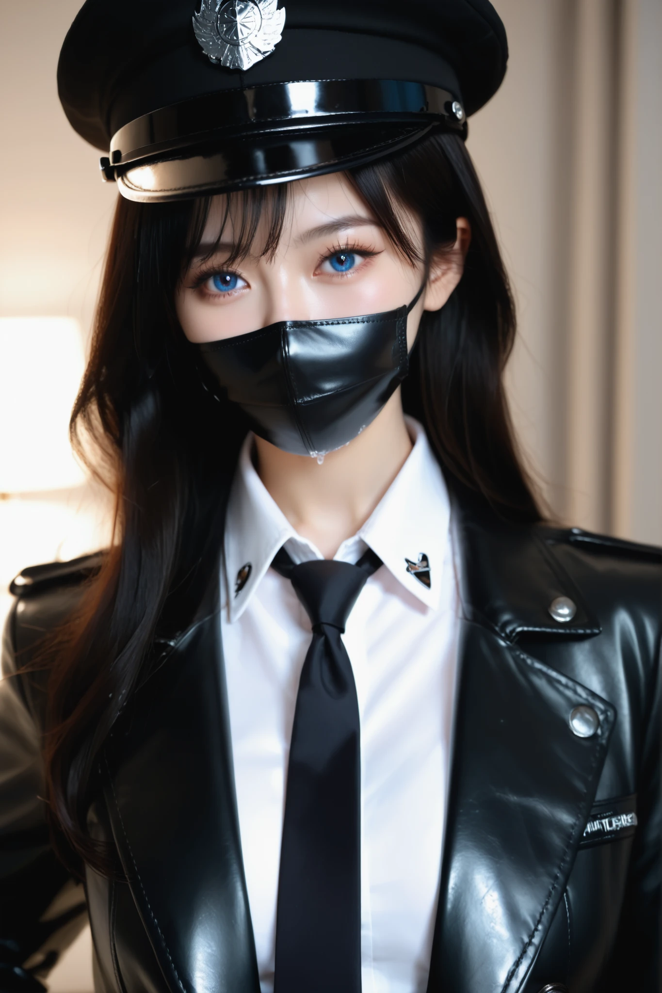 (EyesHD:1.2), (4k,8k,Ultra HD), masterpiece, best quality, ultra-detailed, very aesthetic, sharp focus, ray tracing, best lighting, detailed illustration, detailed background, cinematic, beautiful face, beautiful eyes, full body shot BREAK ambient occlusion, raytracing, soft lighting, blum effect, masterpiece, absolutely eye-catching BREAK masterpiece, amazing quality, best quality, ultra-detailed, 8K, illustrating, CG, bioluminescent skin, ultra-detailed-eyes, detailed background, sexy girl, sexy face, eyelashes, lowlight, pale skin, straight blue dragon horns, 2girls, duo, black leather necktie, white leather shirt, white shirt, black necktie, collared shirt, dark, night, formal, suit, black leather jacket, black leather long coat, jacket, black garter storcking, black leather skirt, black leather sort pants, leather clothes, eyelashes, soft eyes, makeup, unbuttons, blue long hair, red long hair, multicolored hair, head tilt, leather clothes, black neck chocker, black mouth mask, yandere, heart eyes, ,.,leather jacket, leather pleated skirt, midriff, open jacket, military leather hat, military leather uniform, pale skin, 1girl, solo, necktie, shirt, white shirt, black necktie, collared shirt, dark, night, formal, suit, black leather jacket, black leather long coat, black leather pants, jacket, eyelashes, soft eyes, makeup, unbuttons, white long hair, head tilt, leather clothes, black neck chocker, black leather mouth mask, military hat, black leather gloves, wet skin, blue eyes, multicolored hair, black and white long hair,