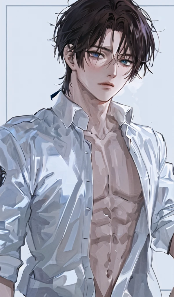 Masterpiece, high quality, best quality, HD, realistic, perfect lighting, detailed body, 1 man, short dark blue hair, wearing open vest and thong, calm expression, leaning against a wall on a street, wearing earrings, bracelet and necklace,