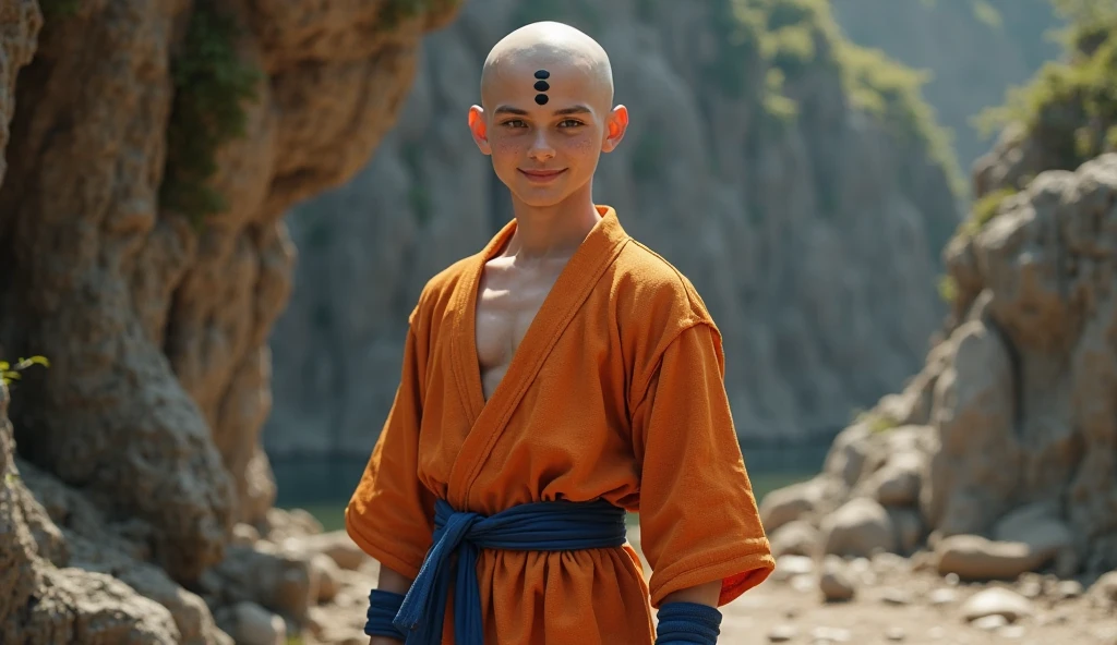 masterpiece, best quality, wallpaper, 1boy, solo, male focus, looking at viewer, upper body, , , , aang_avatar, bald, black eyes, , fantasy, dressed avatar aang.