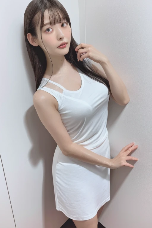 zoom on the body of a teen girl with black long hair with bangs wearing a black Low Bodycon Dress, On a clean white background