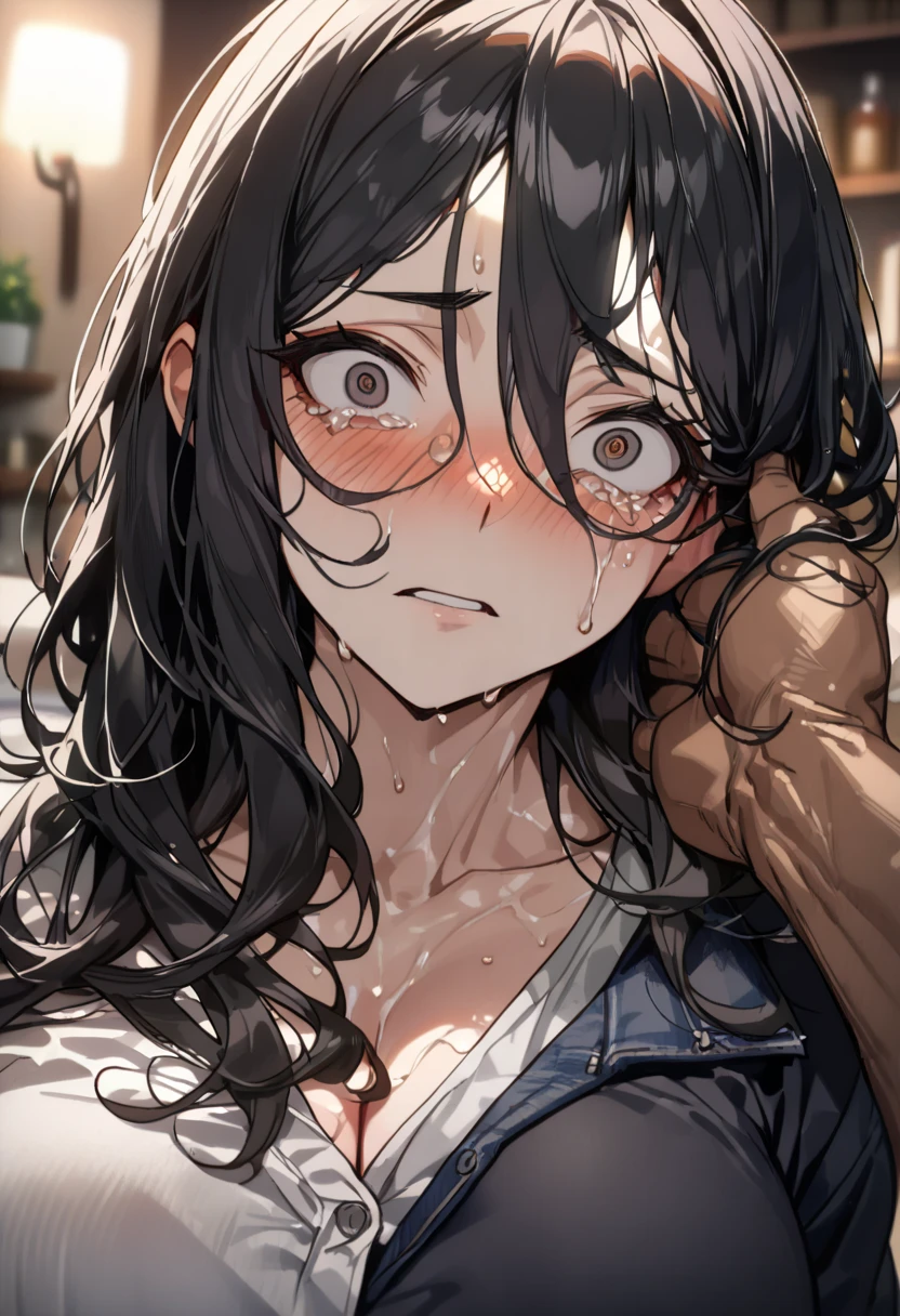 naked woman、fullnude、 (nose blush, Naughty, half opened eye, Drooling), [Full body shot]、BDSM、Plenty of love juice、pale pubic hair、Wearing a black dog collar,Full body shot,body piercings,Large open legs、Lying in bed、Hands tied above the head、Head-to-toe shots、Hand flail、fetters、Squirting、spout、There are a lot of them all over the body,The udder is squeezed out with a rope、Woman in chains、slightly turned to the side、The lower back is cramping up and down、Chest is bobbing up and down、Crying in pain、Both legs are raised above the head in a V-shape、Swing your hips up and down violently、Ahegao、Lower your hips deeply、all the way to the base、The waist is on the floor、hanekawa tsubasa、her black hair is tied into two braids.、eye glass、Colossal tits、Colossal tits、