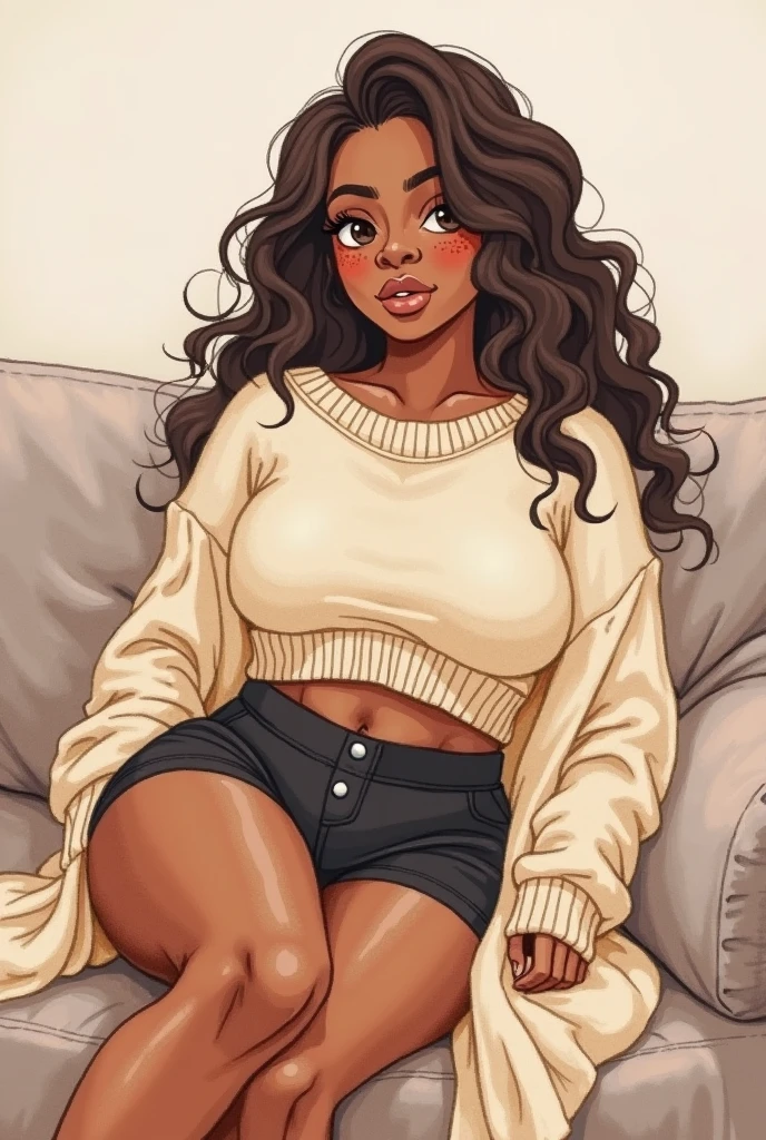 black woman, plus size, arched, defined eyebrows, afro, black hair, brown eyes, sitting on a bed, with a cell phone in her hand, wearing a nightgown, sexy, legs open, sexy pose, sensual