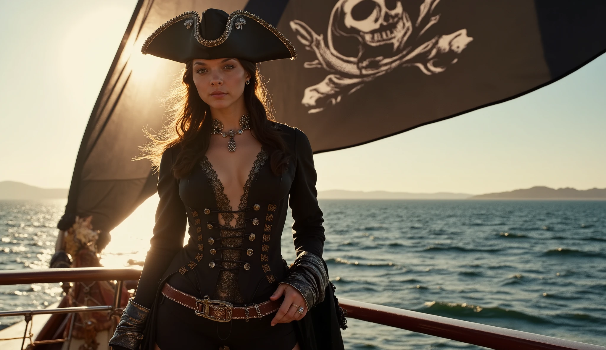 at dawn, a huge black pirate flag, decorated with a bright skull, flotte majestueusement dans une brise marine. A female pirate, mine et élancée avec des cheveux noirs, stands proudly on the deck of a ship, son regard déterminé captivant tous les regards. Vêtue d'une tenue de pirate à la fois élégante et audacieuse, son décolleté plongeant met en avant sa silhouette voluptueuse, tandis que des détails dorés scintillent sous les premiers rayons du soleil. The dancing shadows of the sails create a dramatic contrast, accentuant son allure rebelle et charismatique. L'arrière-plan flou du ciel pastel et des vagues scintillantes évoque une ambiance de mystère et d'aventure.