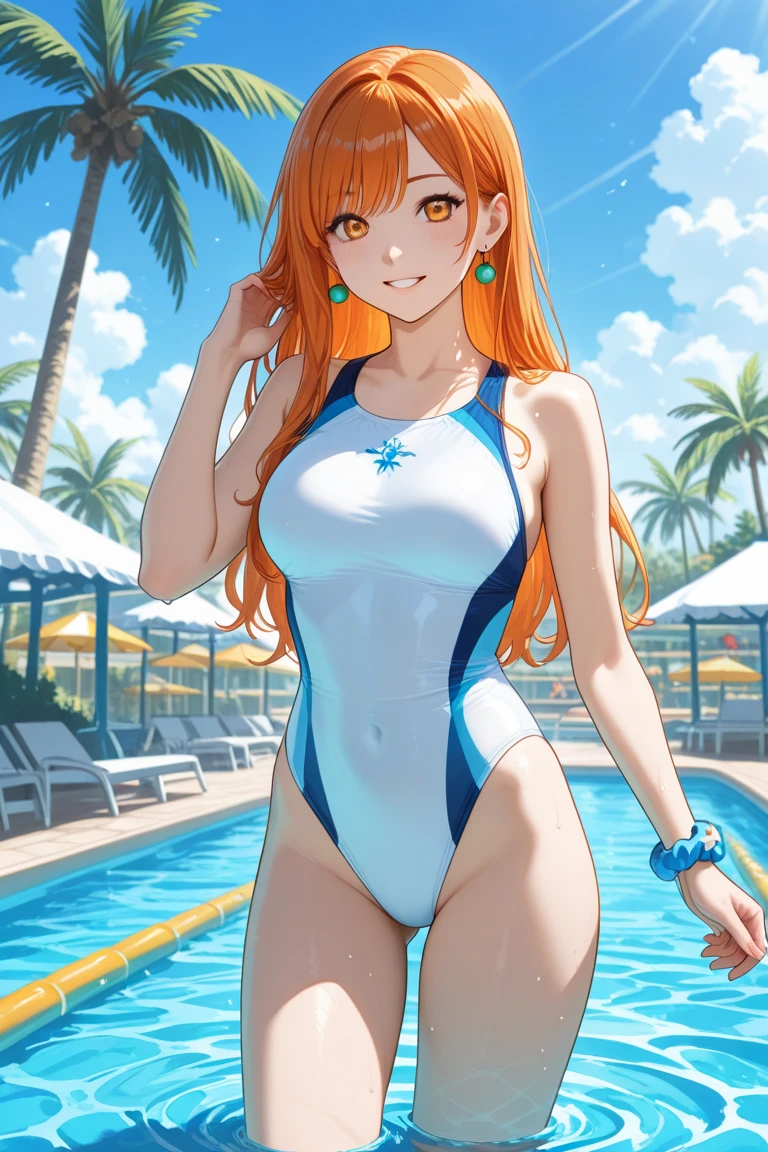 (Masterpiece, Best Quality, High Quality), kousaka honoka, orange hair, blue eyes, volumetric lighting, illustration, beautiful, tight , Blushing, huge breasts, looking at viewer, ( bodysuit:1.2), solo, curvy body,under water, floral print, looking to the side, confident, seductive smile, (arms behind back, head tilt:1.1), heart pendant,perfect lighting, perfect shadows, flower, (breathtaking scenery:1.1), tree, blushing