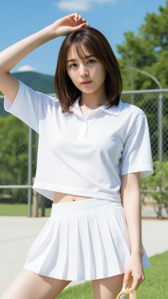 1 solo girl (8k UHD Raw fotography, Top  Quality, Masterpiece:1.45) (Raw foto:1.2), (Photorealcitic) Realistic full body smiling girl in school uniform showing white panties, Functionality of raising the skirt to reveal panties, show white panties, Flip the skirt, Flip the skirt, roll up scar by hand, Showing underwear by the pool