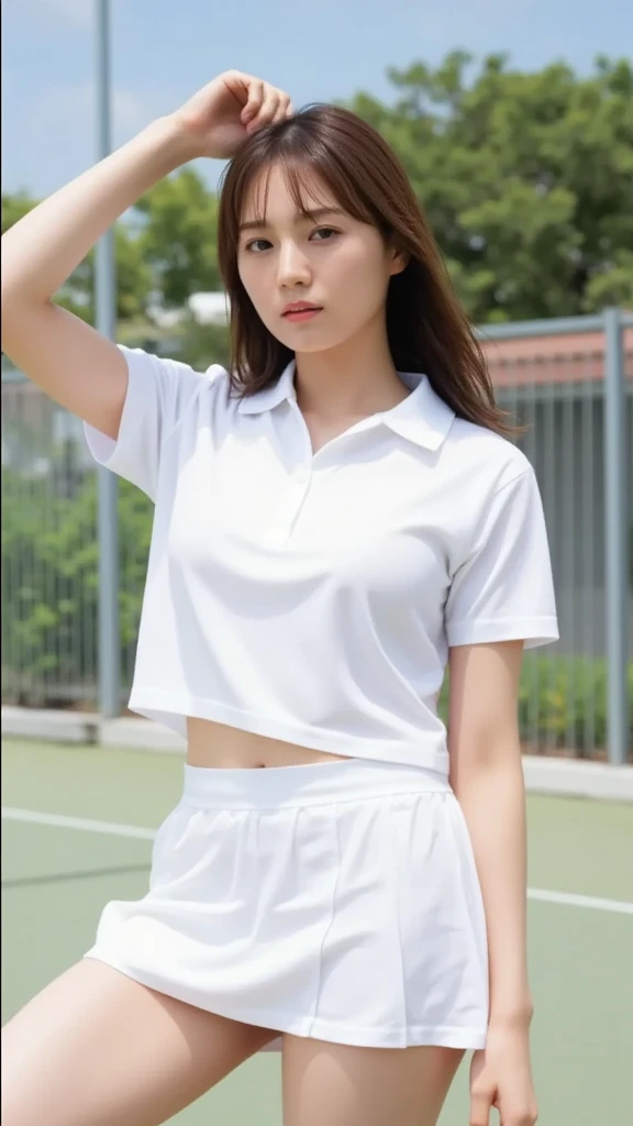 masterpiece、Realistic photos、highest quality、((Japanese Model、Japanese))、,(Innocent face、Round face contour、Teenage Girle,、Young face、Primary school students)、Smile、Round face contour、Handsome face、Younger looking face、Baby Face、Baby Faceの特徴、(Childish face,Sod innocent features,Adorable chubby cheeks,Shining round eyes,Small button nose,cute小さな口)te女の子、Childlike girl、Narrow eyented eyes、Thin eyebrows、White polo shirt, White sneakers, Tennis Wear, White mini skirt, masterpiece, highest quality, Realistic, Very detailed, Ridiculous, Looking at the audience, Dynamic light and shadow, High resolution, Sharp focus, Depth of written boundary, Beautiful Eyes, Sharp pupils, Realistic pupils, Thin thighs, Outdoor, null