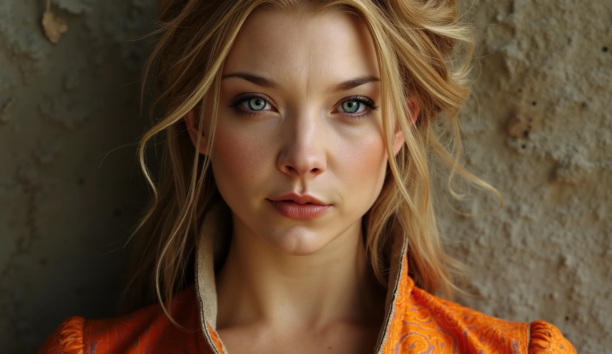 A mesmerizing full-body painting of an ethereal medieval woman, her features reflecting the golden ratio with exquisite, symmetrical beauty. her face has a slight triangular form with a soft chin. Her radiant emerald eyes sparkle with mystery, framed by long, dark lashes, while her delicate, inviting lips are subtly alluring. Her complexion is a soft, sun tanned, glowing gently under the dramatic spotlight of a sunlit day. Her cascading, braided golden hair flows gracefully over her shoulders, enhancing her slender, elegant form. Clad in a tight fitted, intricately embroidered medieval gown in vibrant shades of orange and red, it accentuates her silhouette with a sophisticated yet enchanting elegance, all captured through the nostalgic lens of 35mm film, evoking a classic, romantic feel. she has a beautiful smile and perfect teeth.