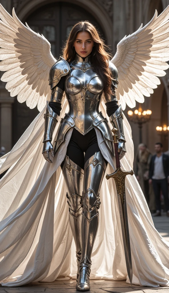 8K, Raw photo, Photorealistic, (Detailed skin, Best Quality:1.2), (Angel wings), ((armored dress)), (((Small chest:1.1))), (Silver long hair:1.3, short bangs), Teenage girl in the church, (Baby face:1.1, Neat face, Fairer skin), thighs, A translucent white cloth is wrapped around the body, Full body shot, (low angle shot:1.2)