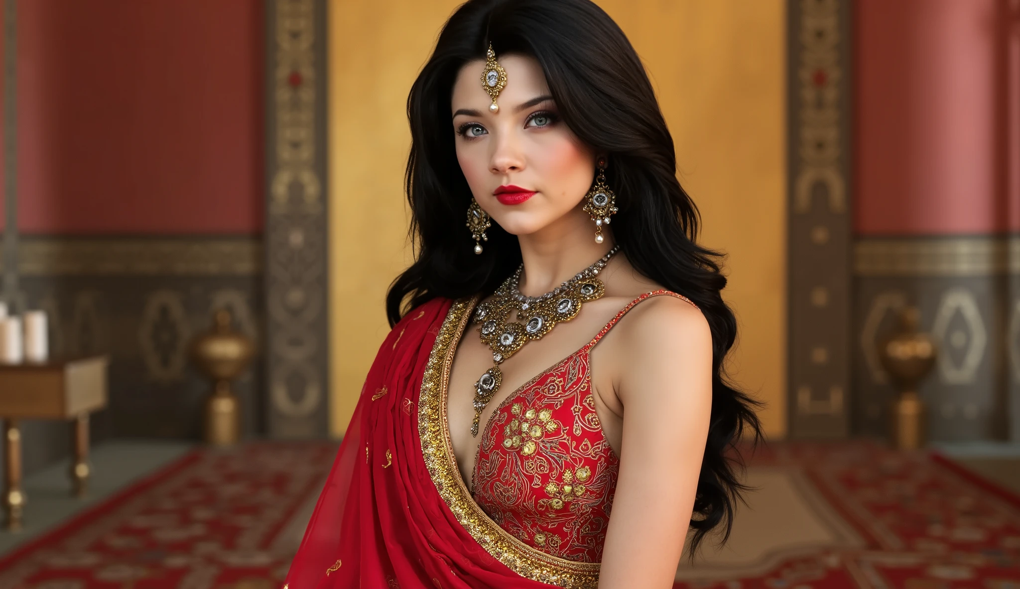 A beautiful and athletic woman dressed in sexy Indian clothes