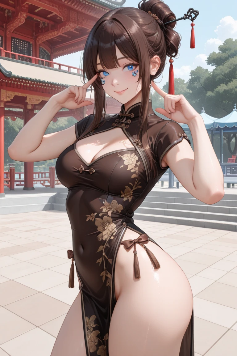 (8K, Raw photo, Best quality, Masterpiece: 1.2), (Reality, Photorealistic: 1.3), Sharp focus, 1 girl, woman in her 20s, , Bright personality, smile, high tension, sociability, (Perfect beautiful brown eyes, beautiful lips, (long brown hair, bun, double bun), (accurate anatomy), expression that makes you want to get involved, (motor body), ( sexy Chinese martial arts pose), big breasts, (thick thighs), (perfect shameless cheongsam:1.5), tight red track pants, pointy bracelet, look at the viewer, (medium full shot photo), (fighting arena background), realism, full body , full figure, head to toes, standing on