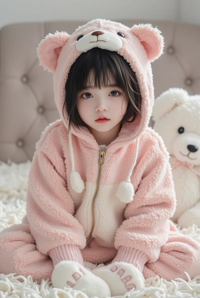 There is a baby sitting on the bed,Wearing a pink bear suit, cute cute, Cute and cute, cute, beautiful cute, Cute and cute, cute colorful cute, cute and cute, Extremely cute, cute and cute, cutebeautiful, So cute, cute, Cartoon cute, Very cute and childlike, The cutest, 阮cutevtuber, toddler