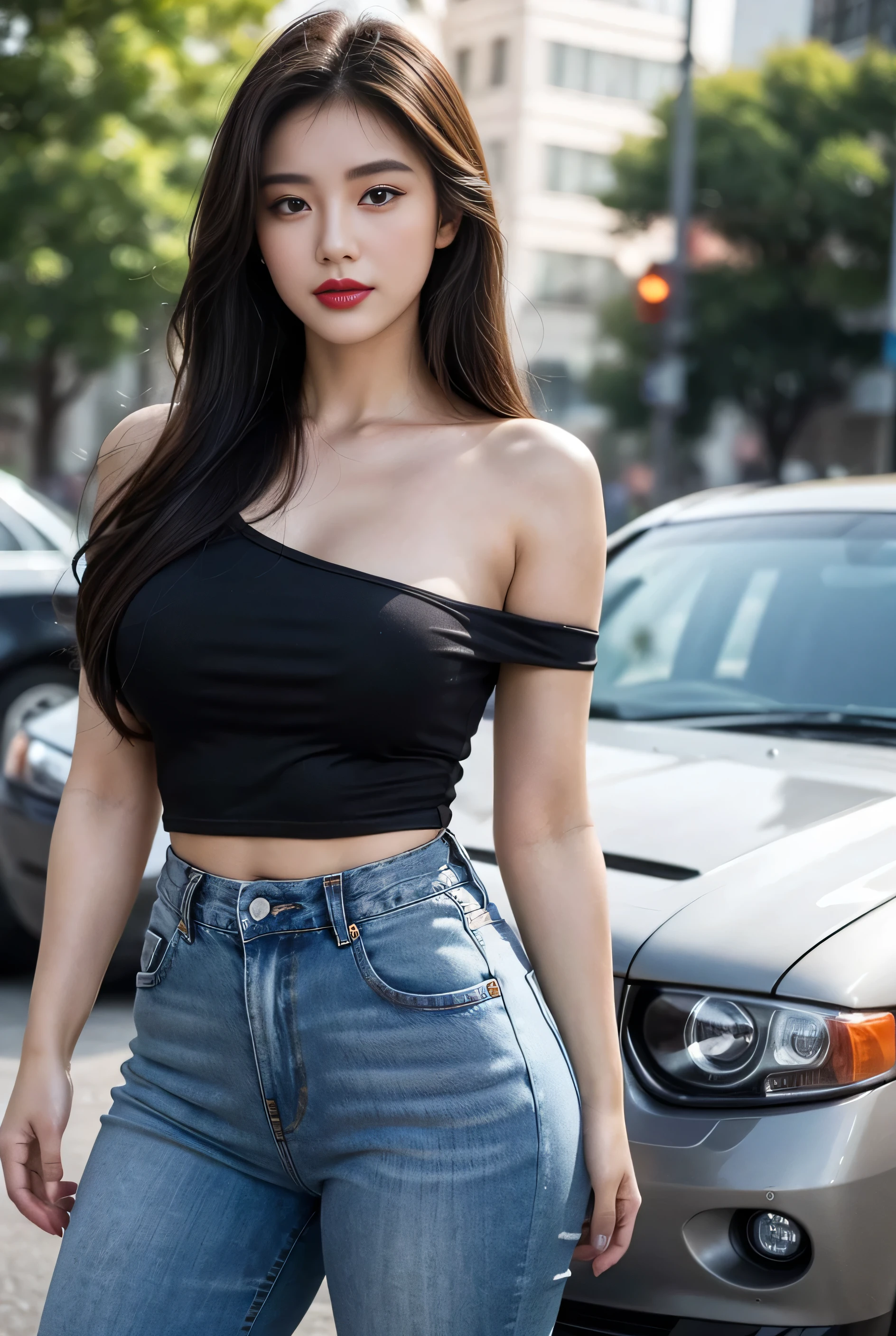 4k, Ultra HD, masterpiece, 1 girl, Good face, delicate eyes, Detailed lips, Ultra-realistic details, shiny oily skin, red lipstick, glossy body,, black t shirt, thick thighs, jeans pant, posing like a model, bare shoulder, standing