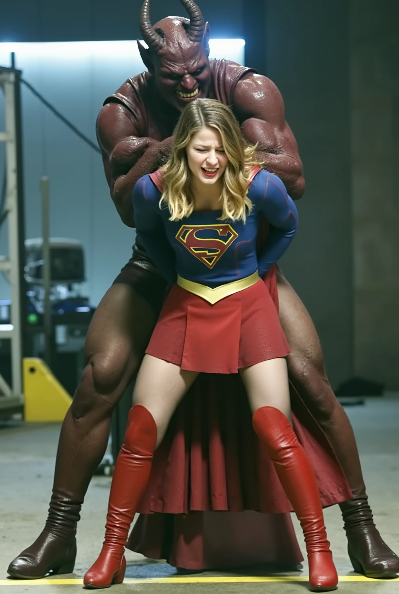 Melissa Benoist as Supergirl, (a very short skirt), both arms behind her back, wearing a Supergirl costume, blue shirt and red skirt, (upskirt0, red high boots, she is sexual assaulted from behind by a devil, embarrassment, ((painful face)), (Supergirl is crying in pain), he is hugging her tightly from behind, whole body from head to feet are visible, in the factory, night time, bright spot lighting,