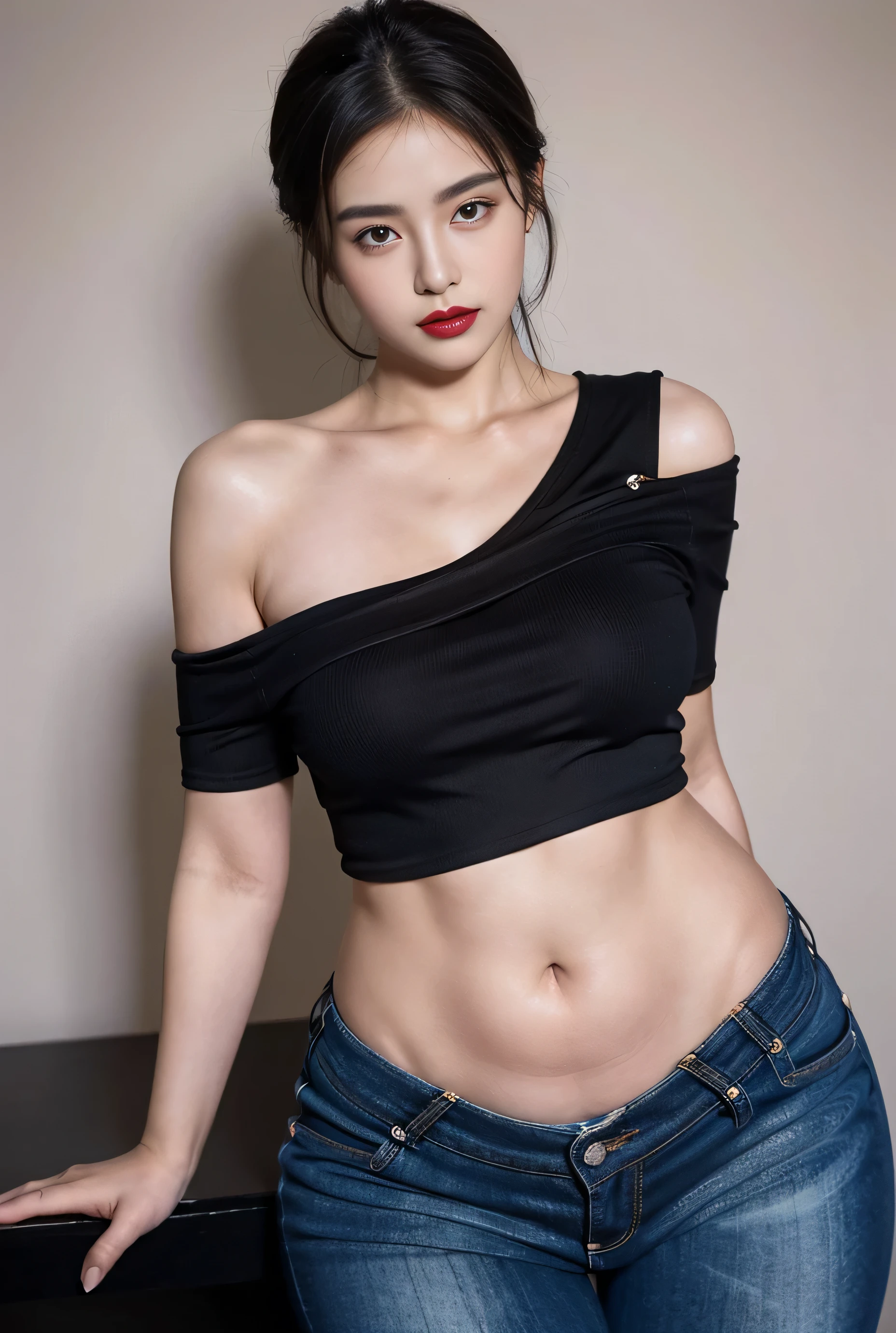 4k, Ultra HD, masterpiece, 1 girl, Good face, delicate eyes, Detailed lips, Ultra-realistic details, shiny oily skin, red lipstick, glossy body,, black t shirt, thick thighs, short jeans pant, posing like a model, bare shoulder, standing