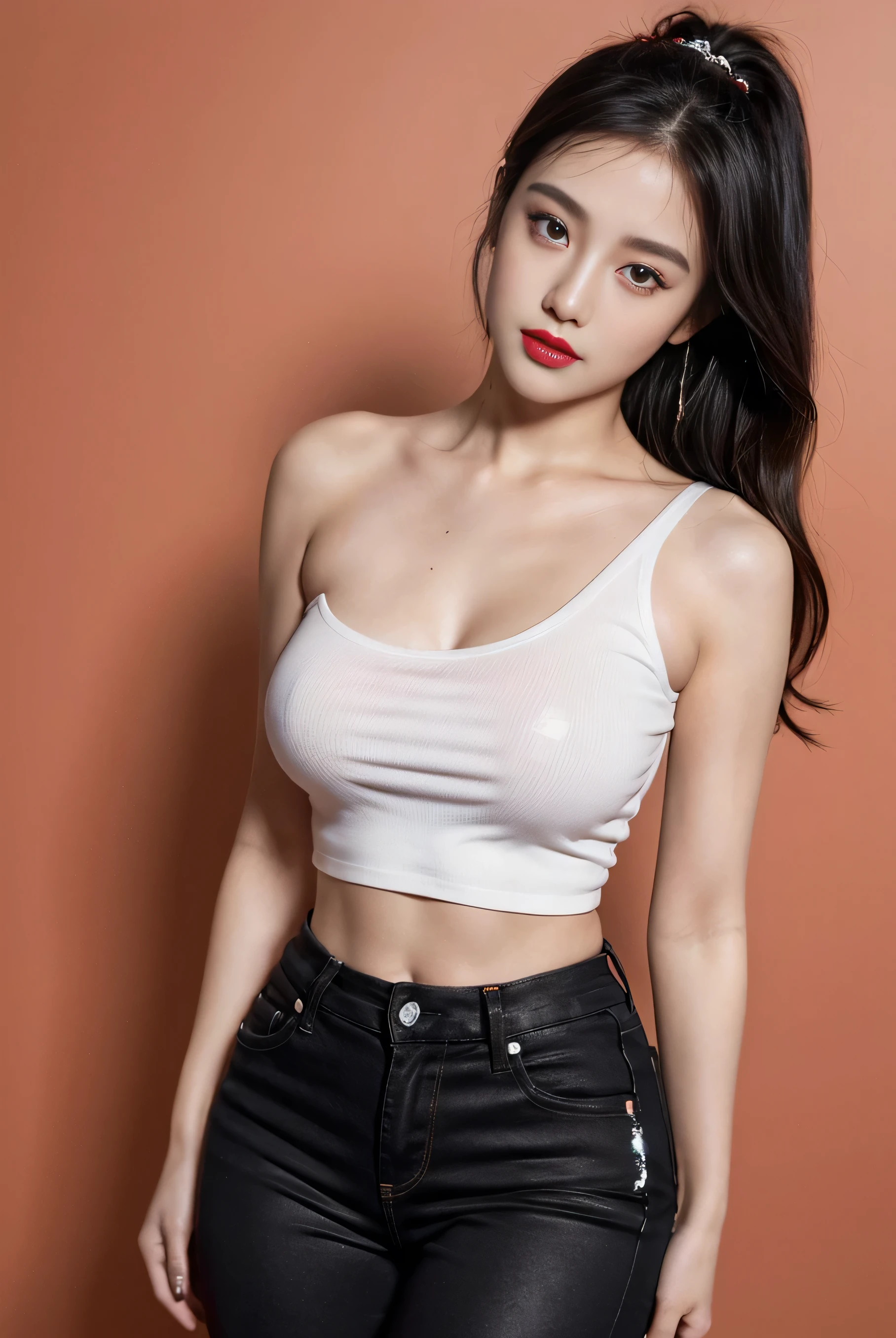 A slender woman, red glossy lips,(Extremely detailed beautiful face)), (best quality), (Super detailed), (Extremely detailed CG unified 8k wallpaper),original photo, Model photo, (standing), (pure white background:1.5),Show forehead,(cleavage),(Warm light source),(boobgasm),(Photos above the thighs:0.5),(average light source),black shorts,black hair,(studio Light),(white vest)