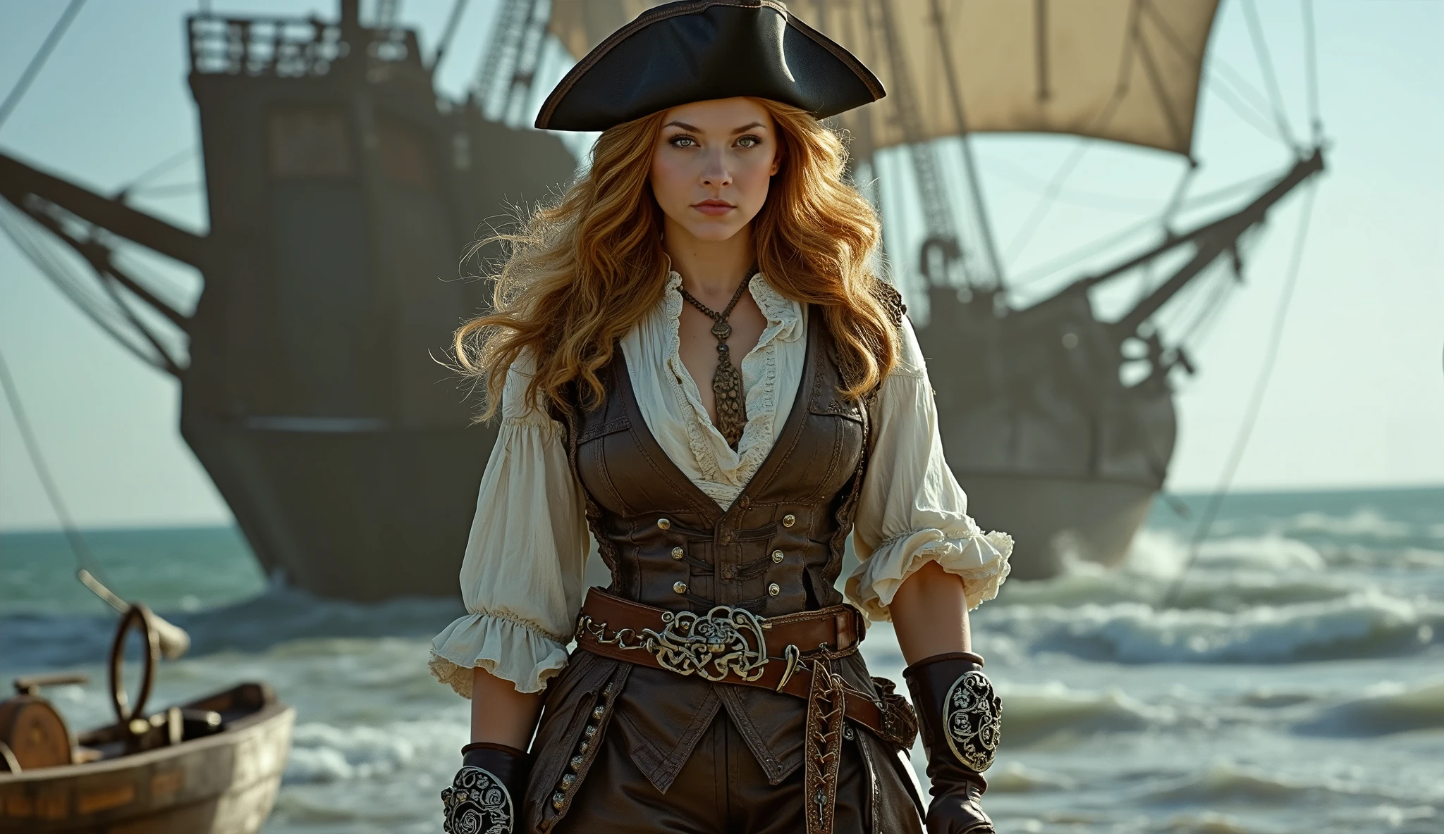 ((((big  female pirate))), pirate hat), leather vest, chrome rivets, laces, open unbuttoned, leather pants, rapier sword etched swirls, wind, windy, long curly ginger hair, background pirate ship