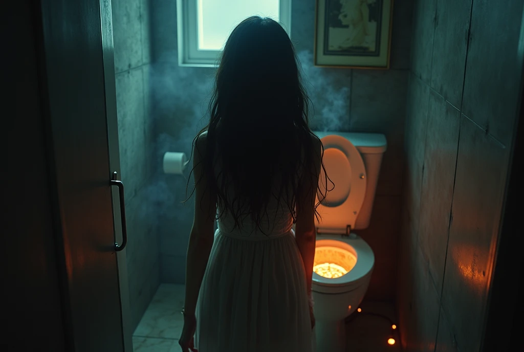 Surreal、A blindfolded girl is standing in front of a toilet holding a candle。