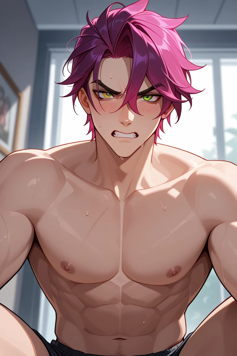 score_9, score_8_up, score_7_up, source_anime, flat color, BREAK, solo, shexyo, 1boy, haruno sakura, Naruto, indoors, ftm, genderbend, genderswap, looking at viewer, sitting, couch, smirk, oiled up, lubed up, oily body, oily tummy, seductive, spreading legs, imminent sex, pov, male, masculine, bara, muscular, taker pov, nude, huge penis, precum, veiny penis, penis focus, shota