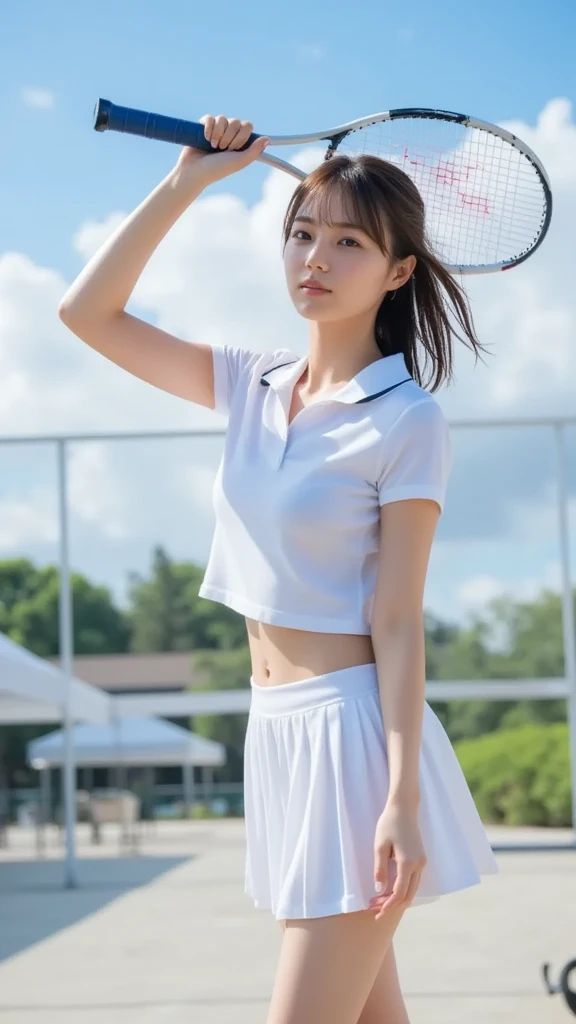(Beauty 1 person)、fullllbody、(shinny skin、be sweaty:1.4)、Double eyelids、detailed and beautiful eyes、short-cut、(Fitted white tennis wear、Smooth fabric、shortsleeves:1.5)、(White flare mini skirt:1.3)、Tennis Shoes、masterpiece、top-quality、Photography、8K、动态照明、feel shy、A slender、(small tits:1.6)、(thick thight:1.3)、Looking at the camera、Smiled、is standing、(tennis coat、Skysky:1.3)