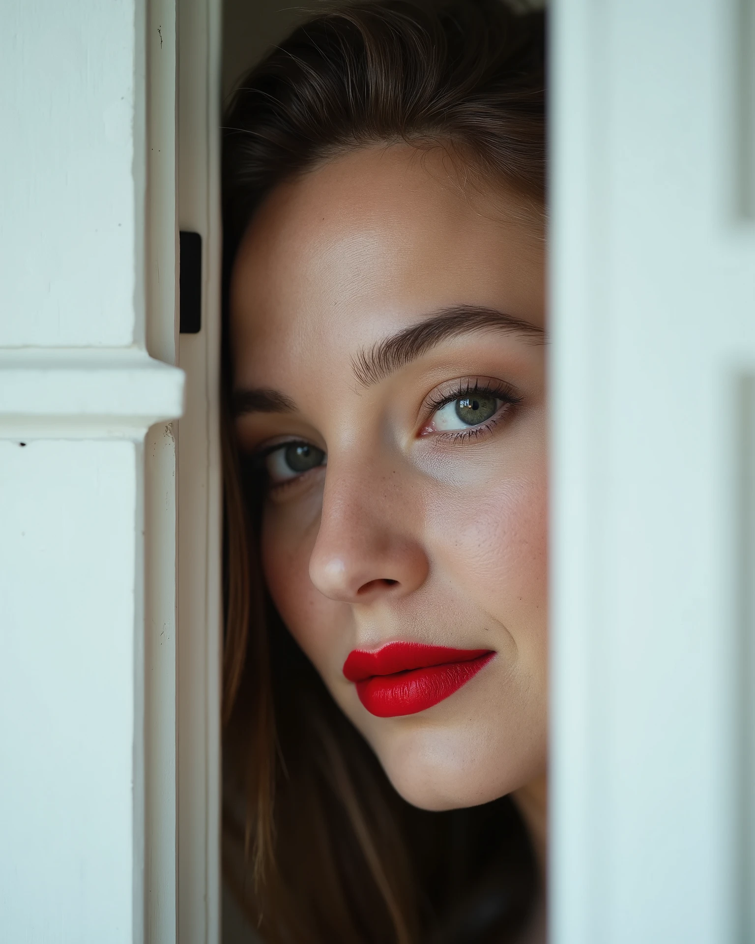 there is a woman with a red lipstick peeking out of a white door, closed up portrait, close up portrait photo, close - up portrait shot,smirking,44dd natural perky saggy breasts, age 20, photography alexey kurylev, closeup portrait shot, close up portrait shot, photography alexey gurylev, fine art fashion photography, editorial portrait, portrait shot, red lips, red lipstick on face