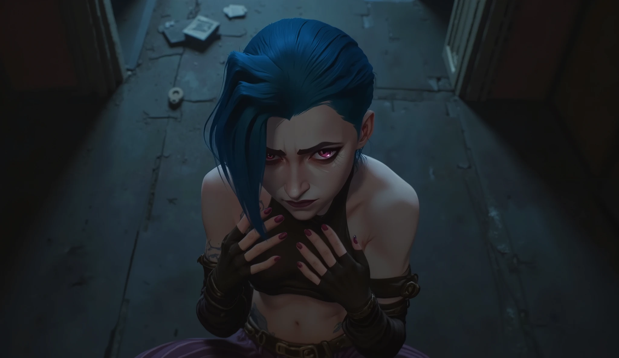 check_9, check_8_ up, check_7_ up, Jinx, очень sexуально, erotica , woman with blue hair and black top, Facing the viewer, bare breasts, nipples, erotica, sex, (top view:1.2.), (( Facing the viewer : 1.2.)), ((keeps his hands on his грудь : 1.2.), short hair, asymmetric bangs, voluminous short hairstyle, current makeup , without tails , keeps his hands to his грудь, voluminous hair slim figure, black top, tight striped pants ,, red and pink eyes , Her hair is loose, 1girl, One, long hair, shiny, gradient background , dark walls , dark room, darkness, darkness, ruined room,