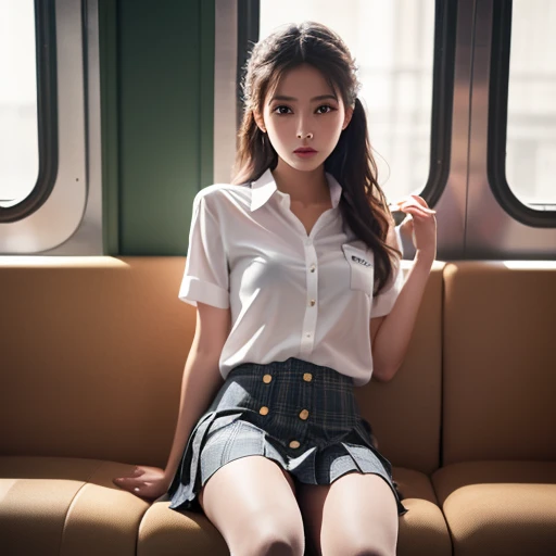(16k, RAW photos, top quality, masterpiece: 1.2), (realistic, photorealistic: 1.37), 1 girl, Japan girl, schoolgirl, sailor suit, (open legs)), sitting on a crowded train, big, slender, crotch, full open legs, (round swing sexy mini skirt: 1.3), (white open shirt: 1.3), , See-through underwear, not wearing underwear